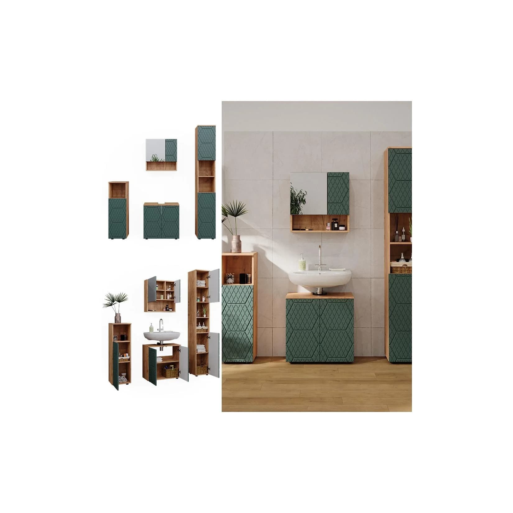 Vicco Badmöbel-Set Irma 4-teilig Goldkraft Eiche/Grün mit Hochschrank
