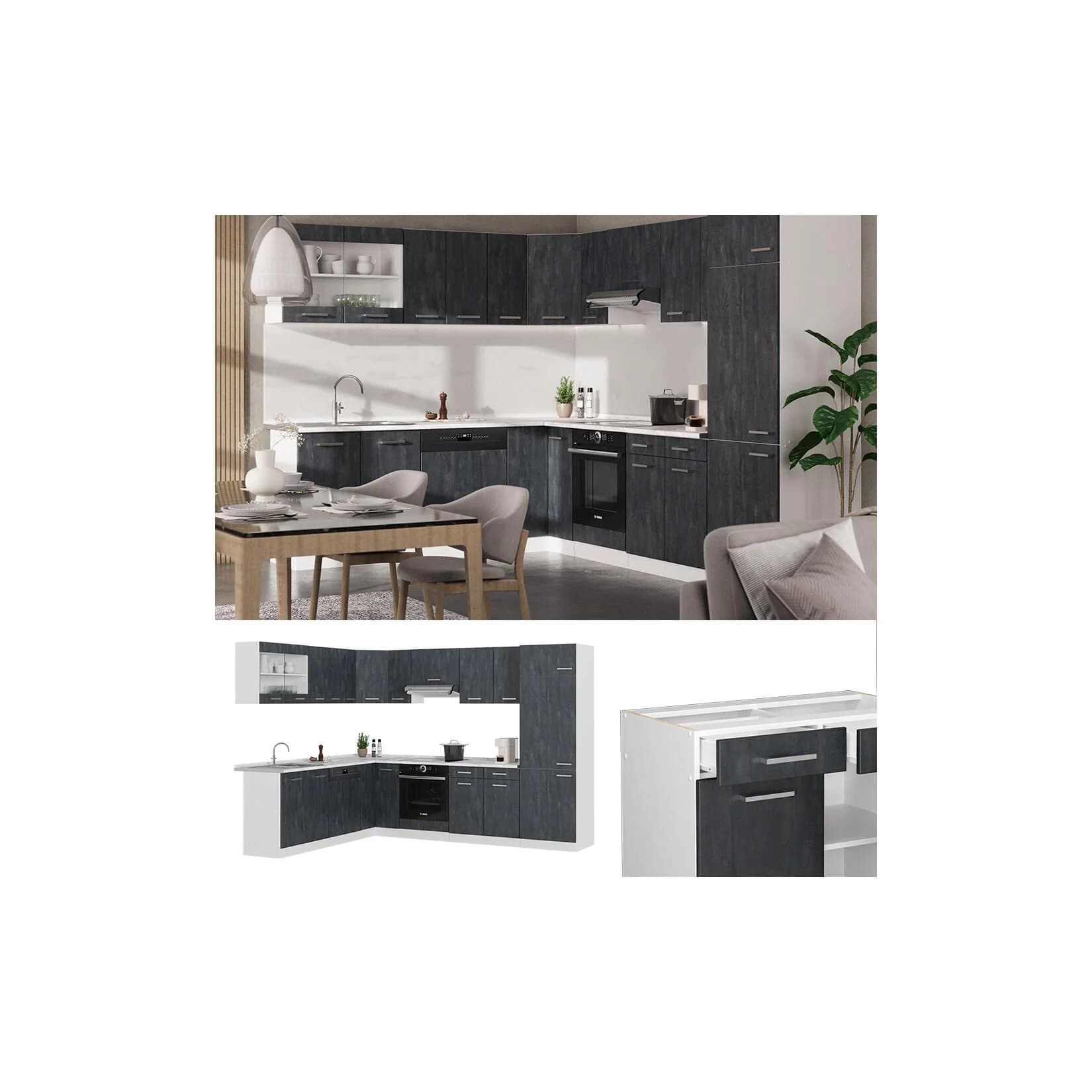 Vicco Eckküche R-Line Schwarz Beton Weiß L-Form
