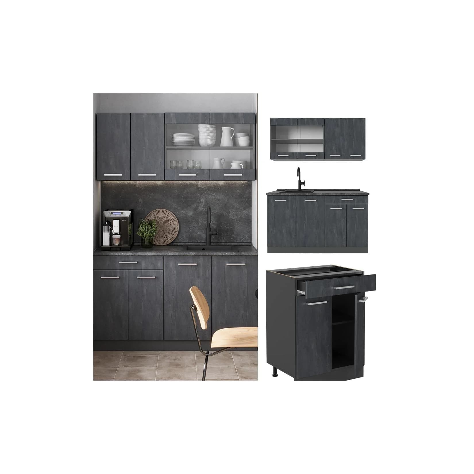 Vicco Singleküche R-Line 140 cm Schwarz Beton Anthrazit