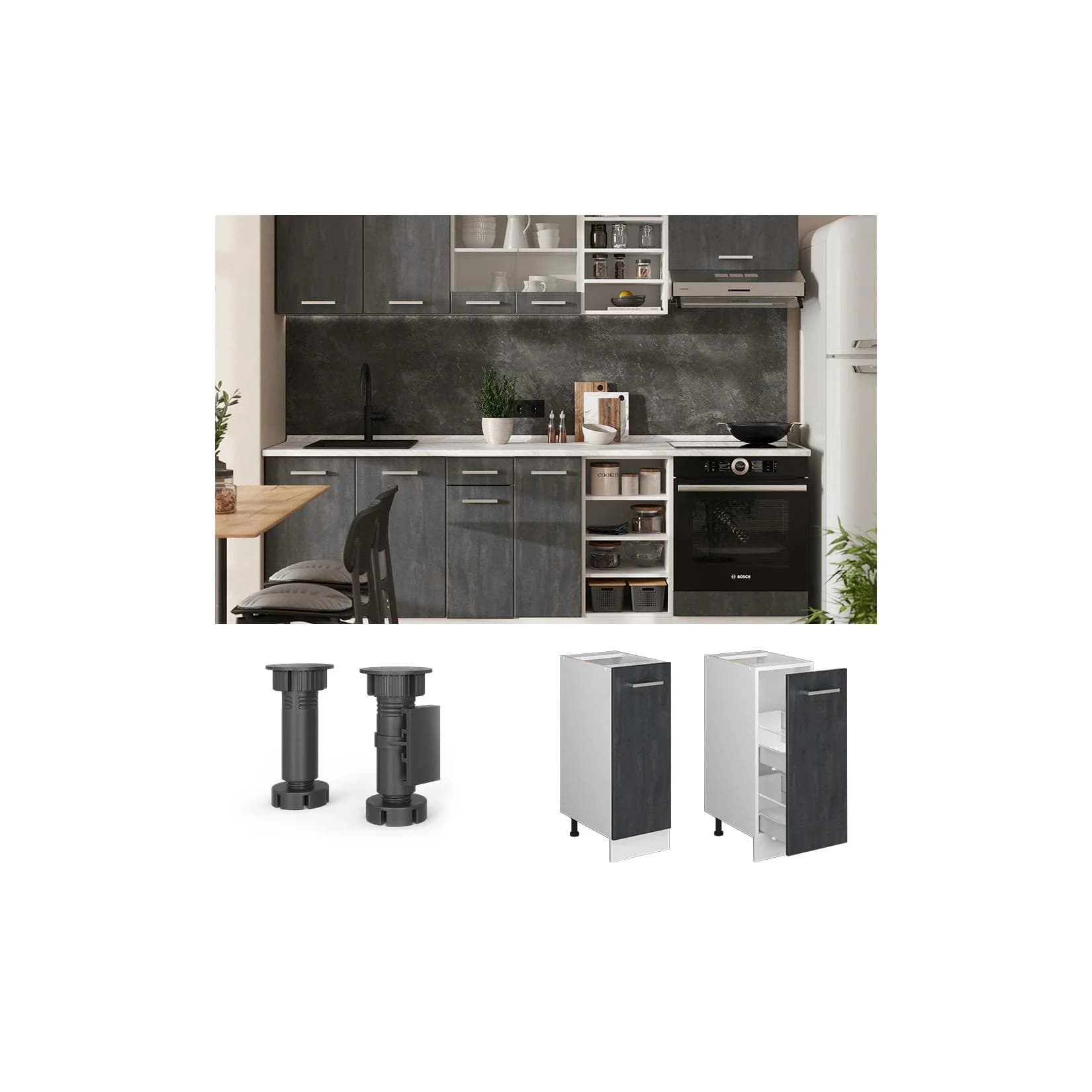 Vicco Apothekerunterschrank R-Line Schwarz Beton Weiß mit Eiche-Arbeitsplatte