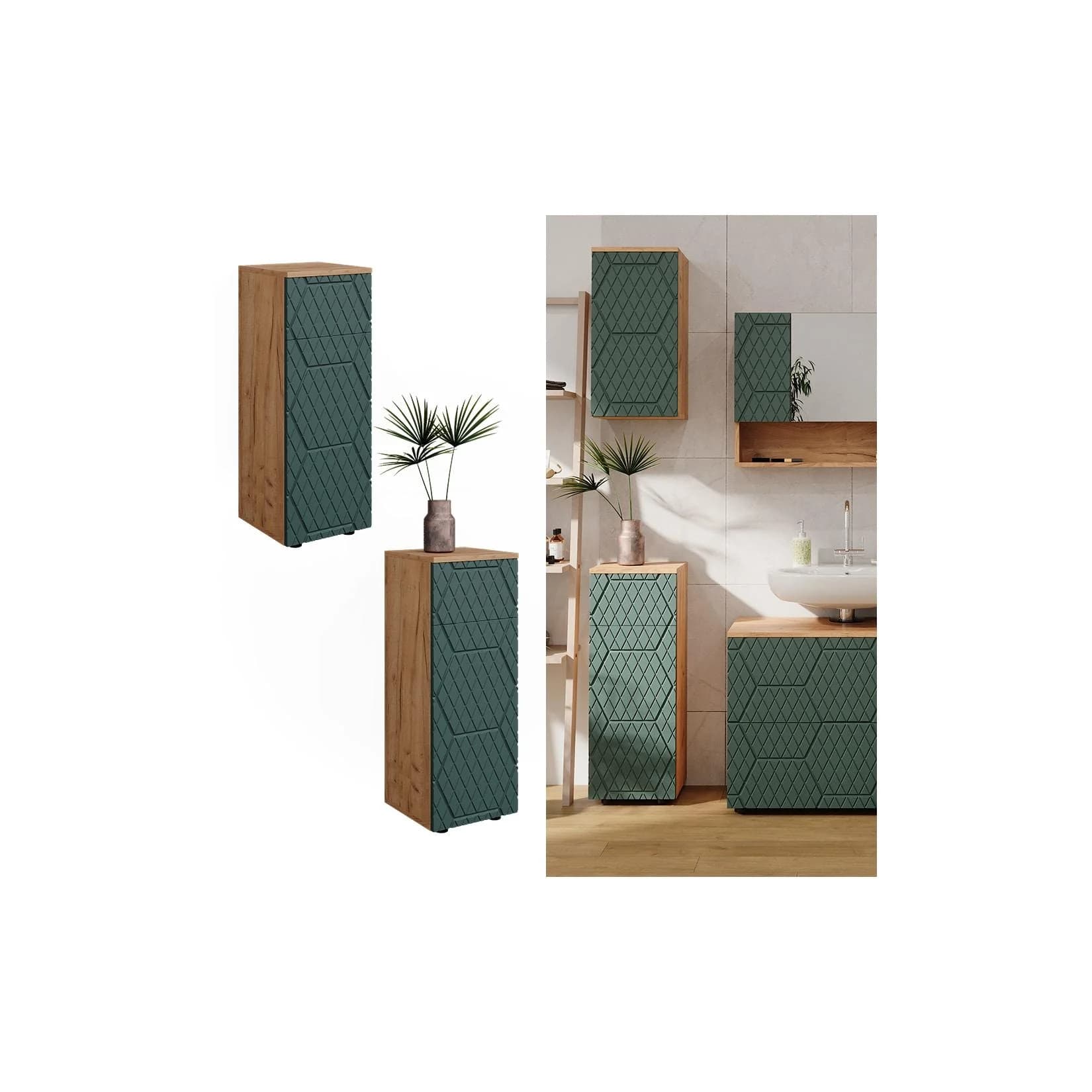 Vicco Midischrank Irma Grün/Goldkraft Eiche 1 Schublade 2 Fächer