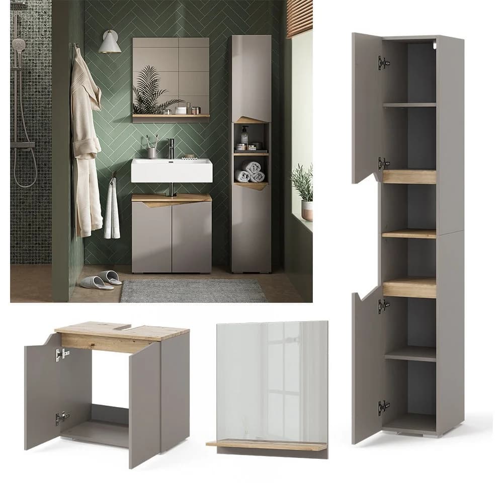 Vicco Badmöbel-Set Marelle Greige Eiche 3-teilig mit Hochschrank - Bild 2