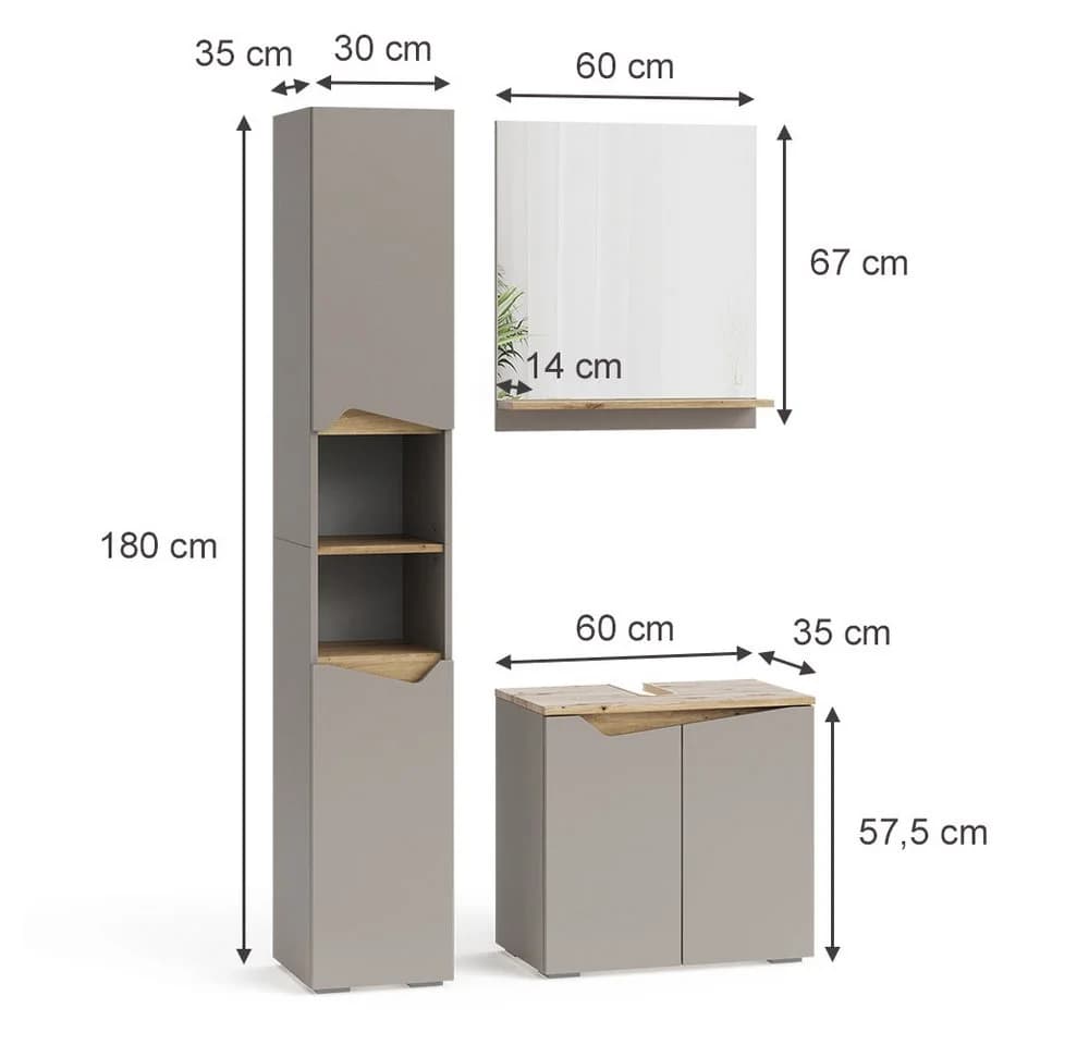 Vicco Badmöbel-Set Marelle Greige Eiche 3-teilig mit Hochschrank - Bild 4