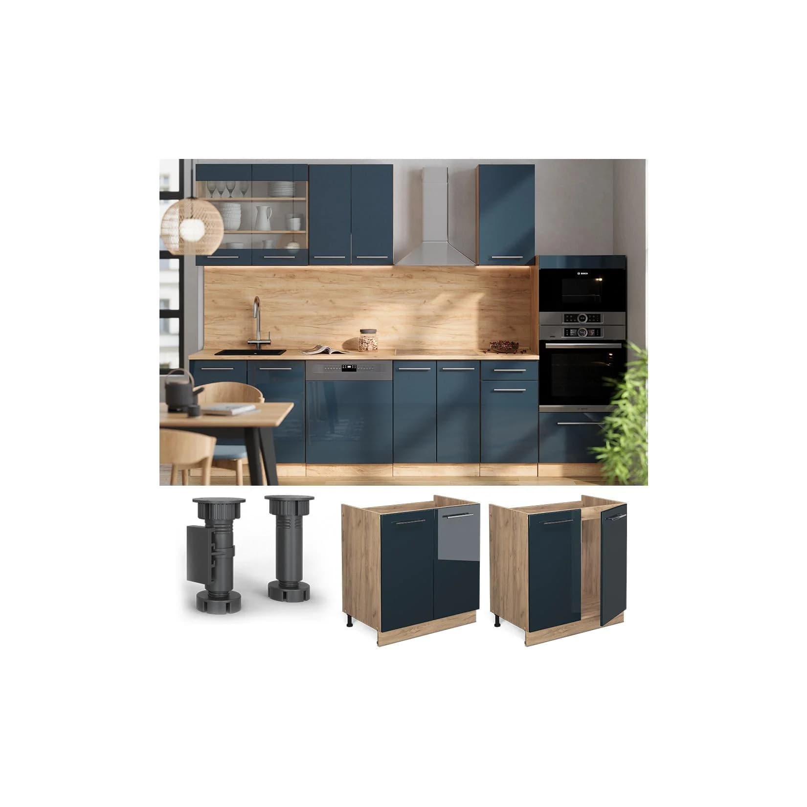 Vicco Spülenunterschrank Fame-Line Eiche Dunkelblau Hochglanz 80 cm