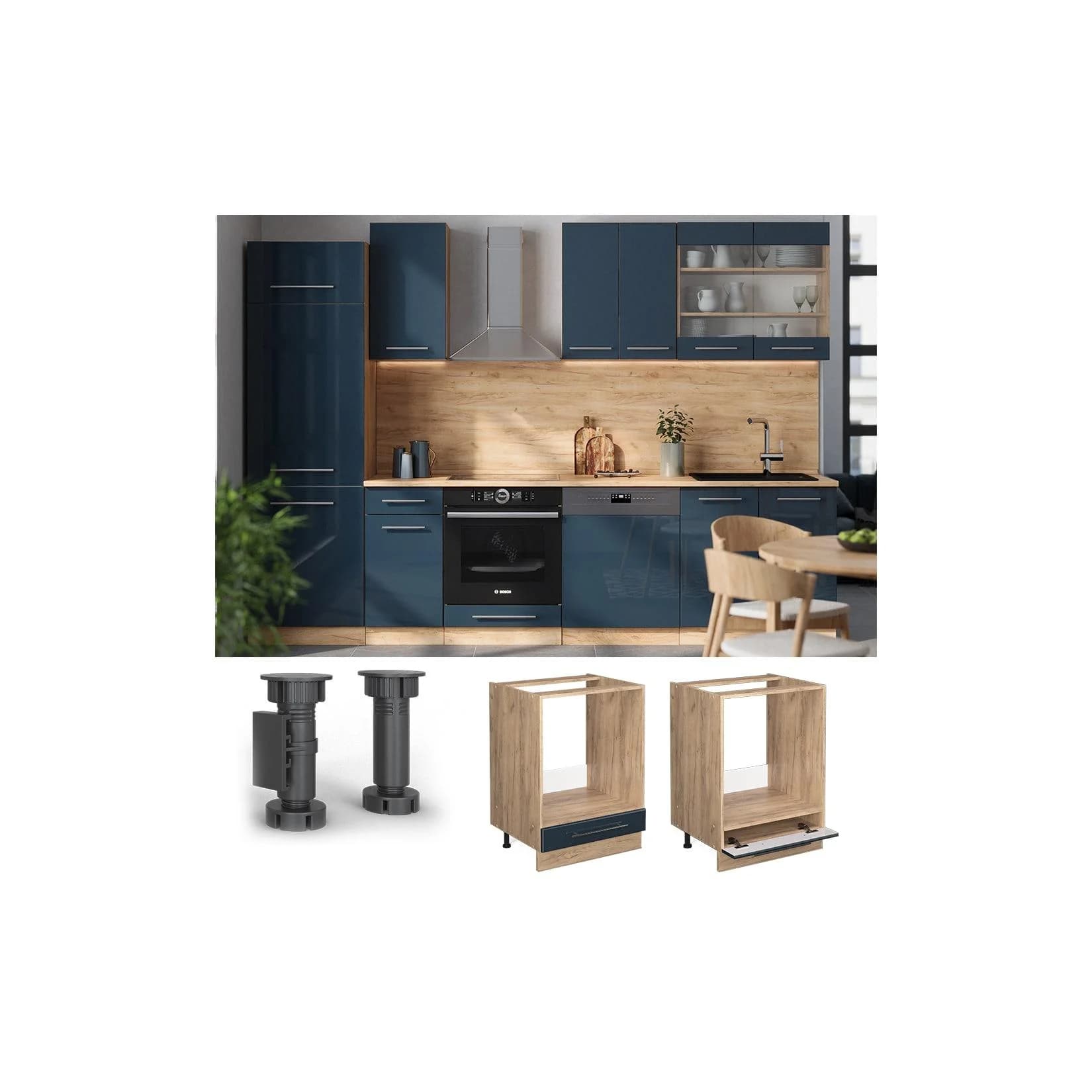 Vicco Herdumbauschrank Fame-Line Eiche Dunkelblau Hochglanz 60 cm