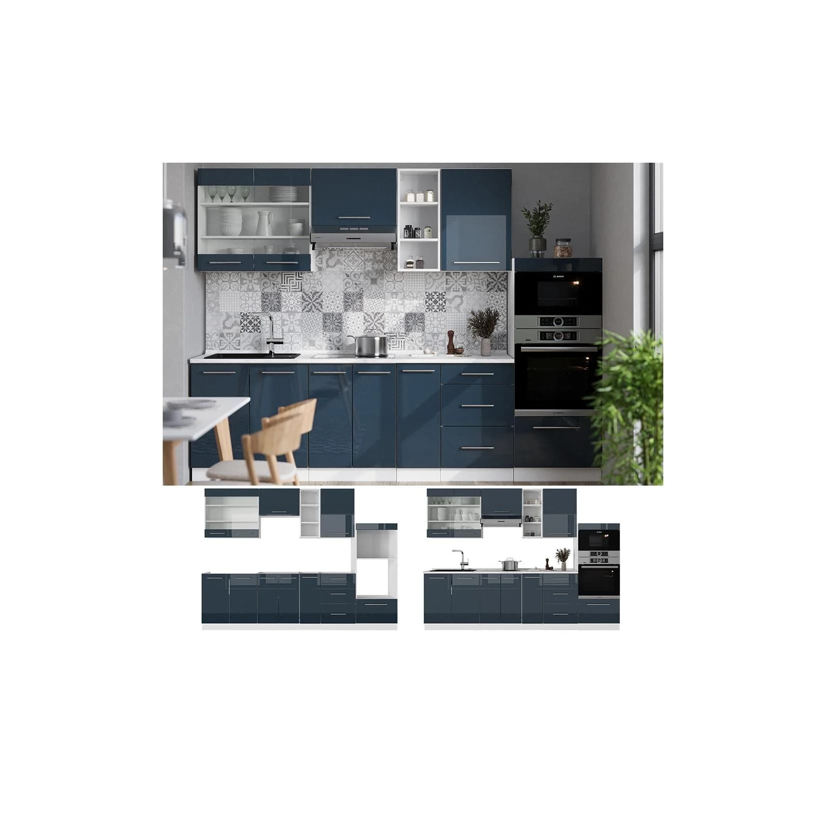 Vicco Küchenzeile Fame-Line Weiß Dunkelblau Hochglanz 280 cm
