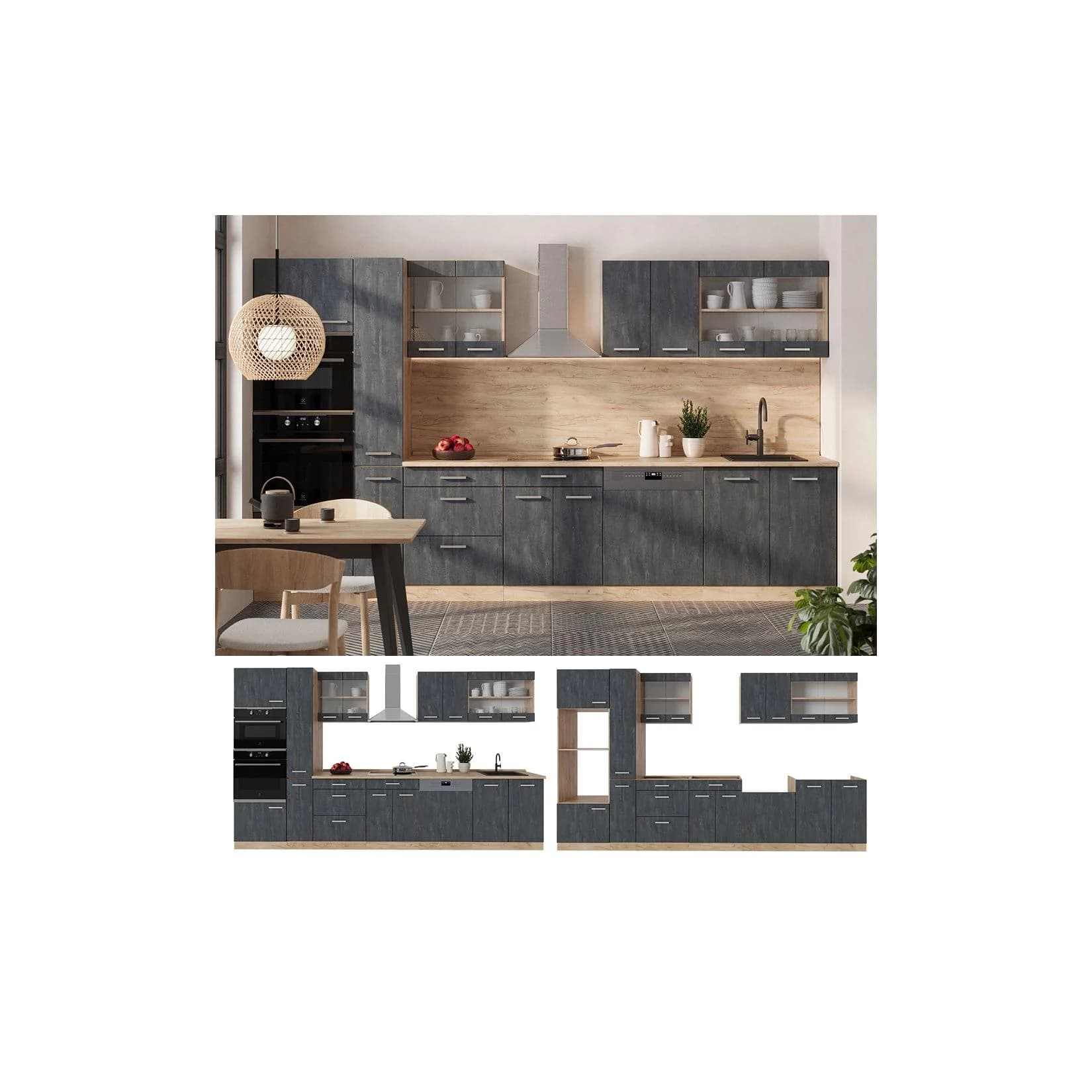 Vicco Küchenzeile R-Line 350 cm Schwarz Beton Eiche