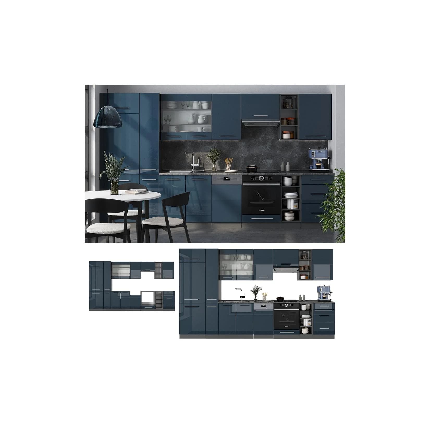 Vicco Küchenzeile Fame-Line Anthrazit Dunkelblau Hochglanz 355 cm Weiß-Marmor