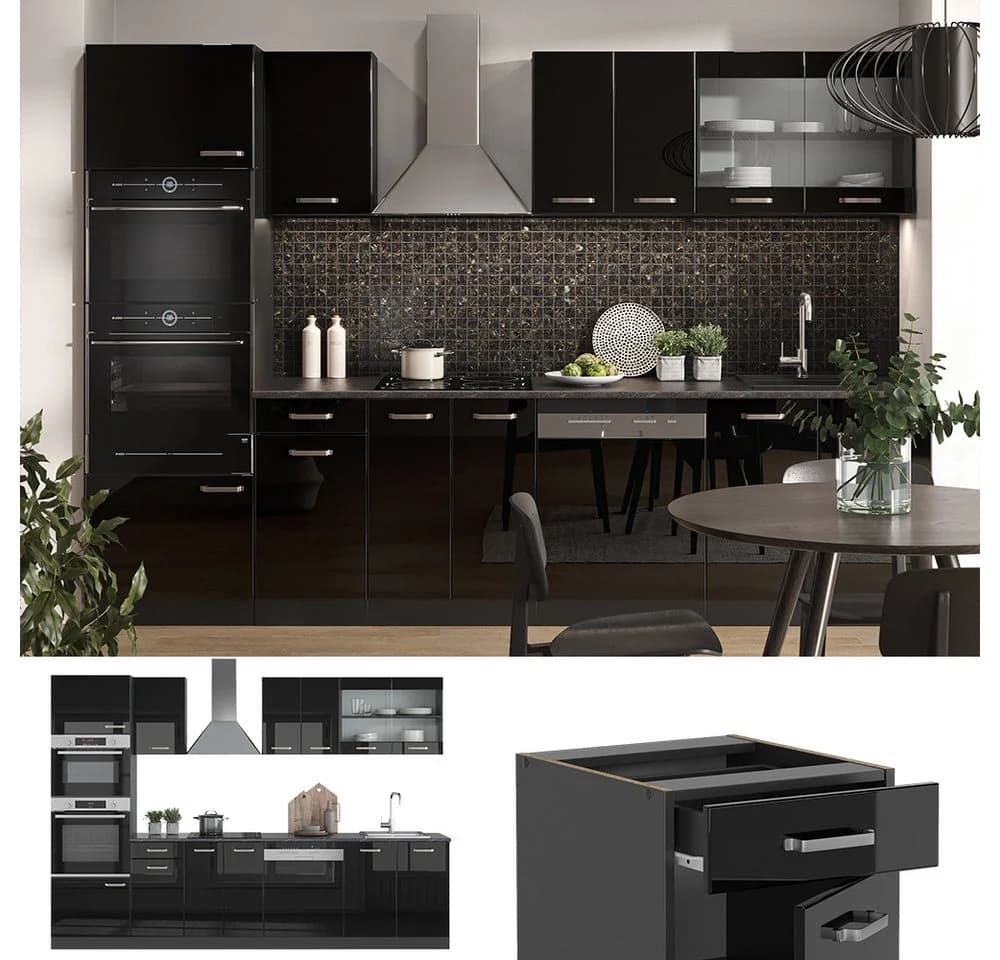 Vicco Küchenzeile R-Line Schwarz Hochglanz Anthrazit 300 cm mit Hochschrank - Bild 5