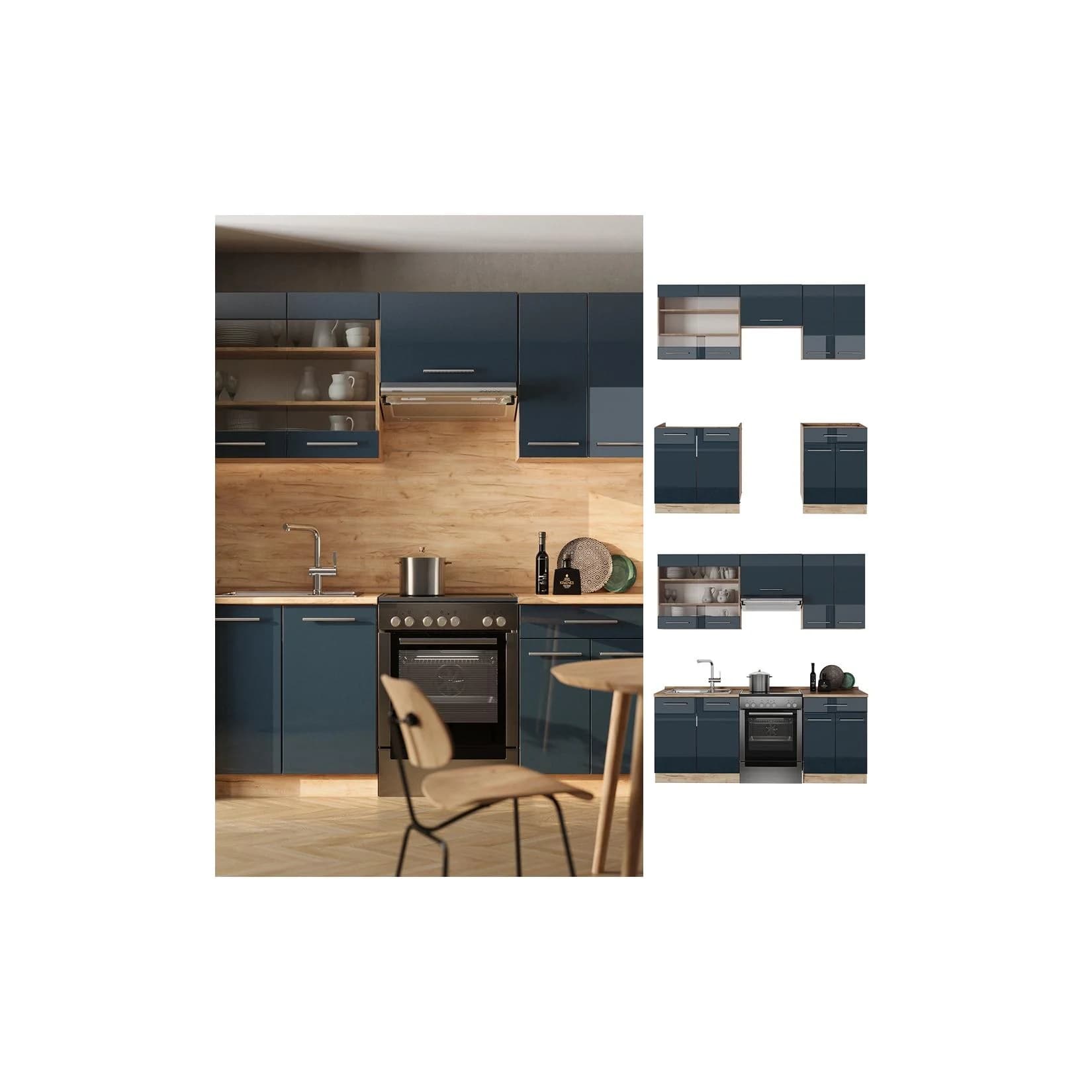 Vicco Küchenzeile Fame-Line Eiche Dunkelblau Hochglanz 200 cm