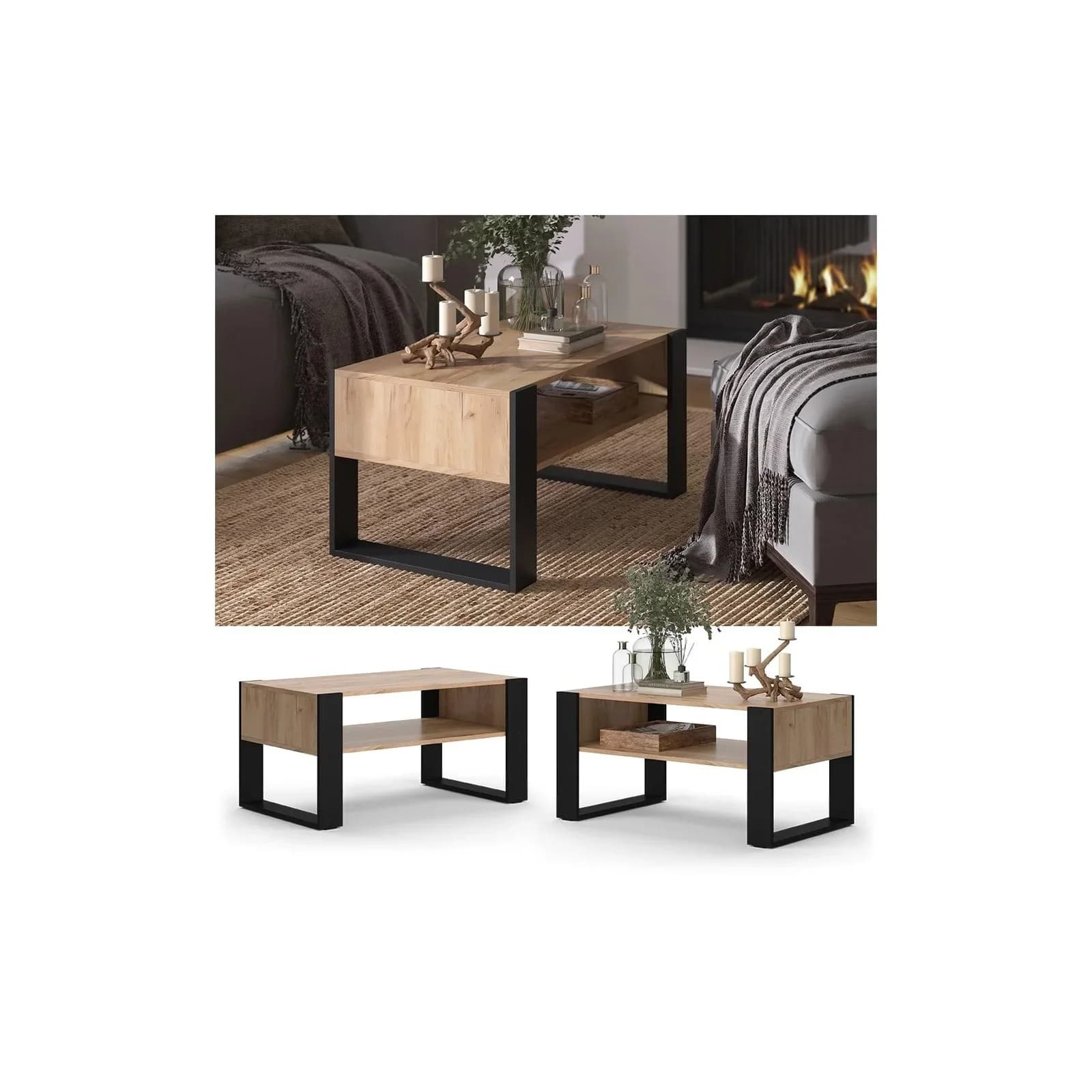 Vicco Couchtisch Olli Goldkraft Eiche Schwarz mit Ablage