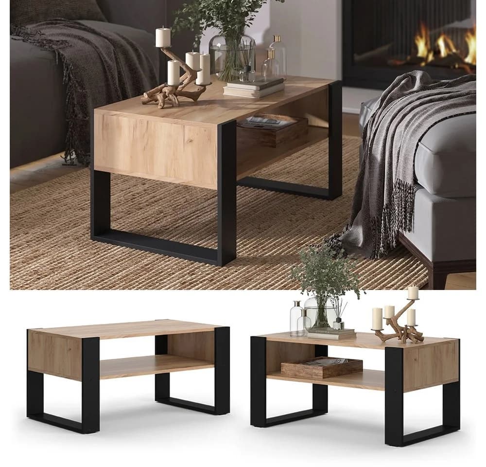 Vicco Couchtisch Olli Goldkraft Eiche Schwarz mit Ablage - Bild 4