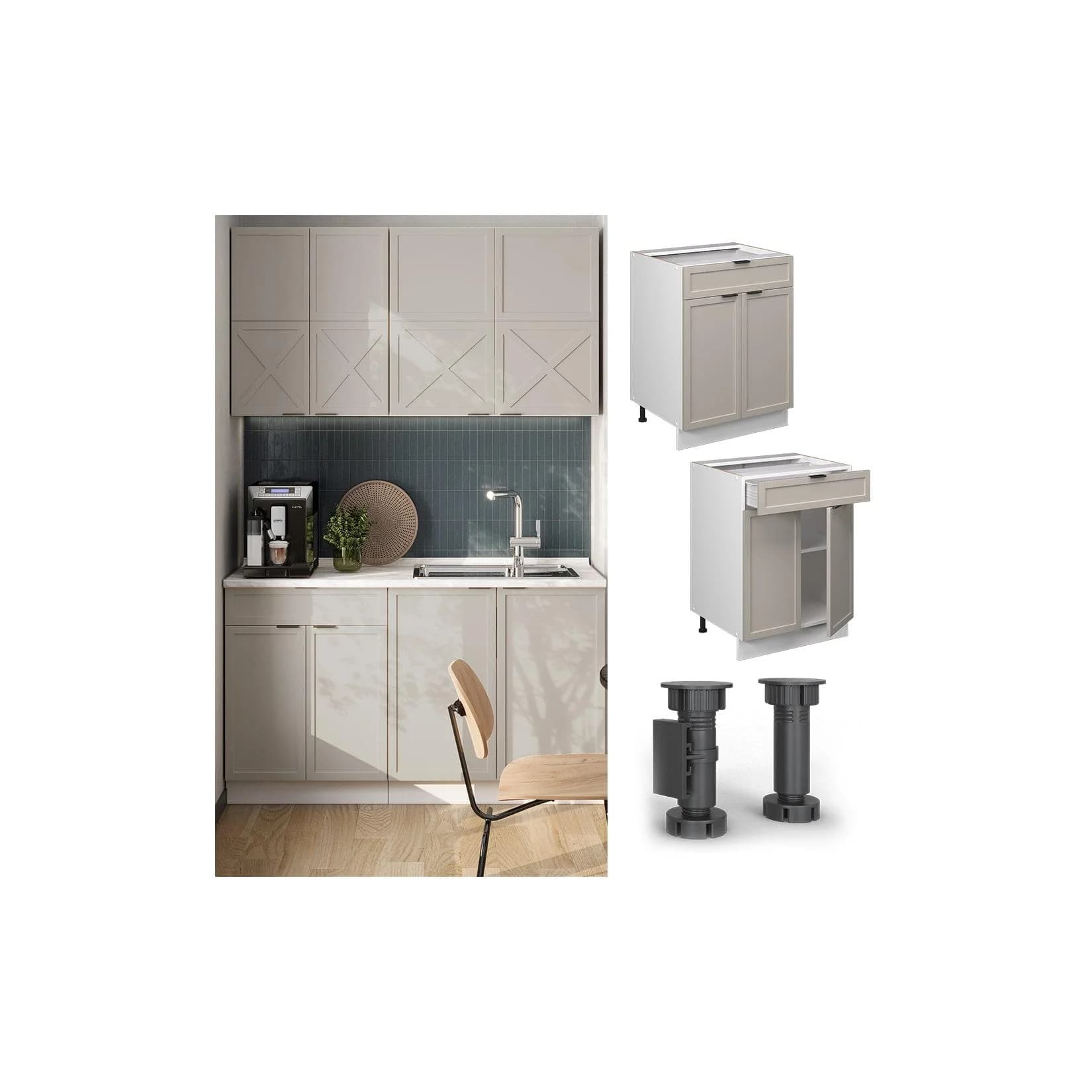 Vicco Schubunterschrank Fame-Line Weiß Grau-Beige mit Eiche-Arbeitsplatte