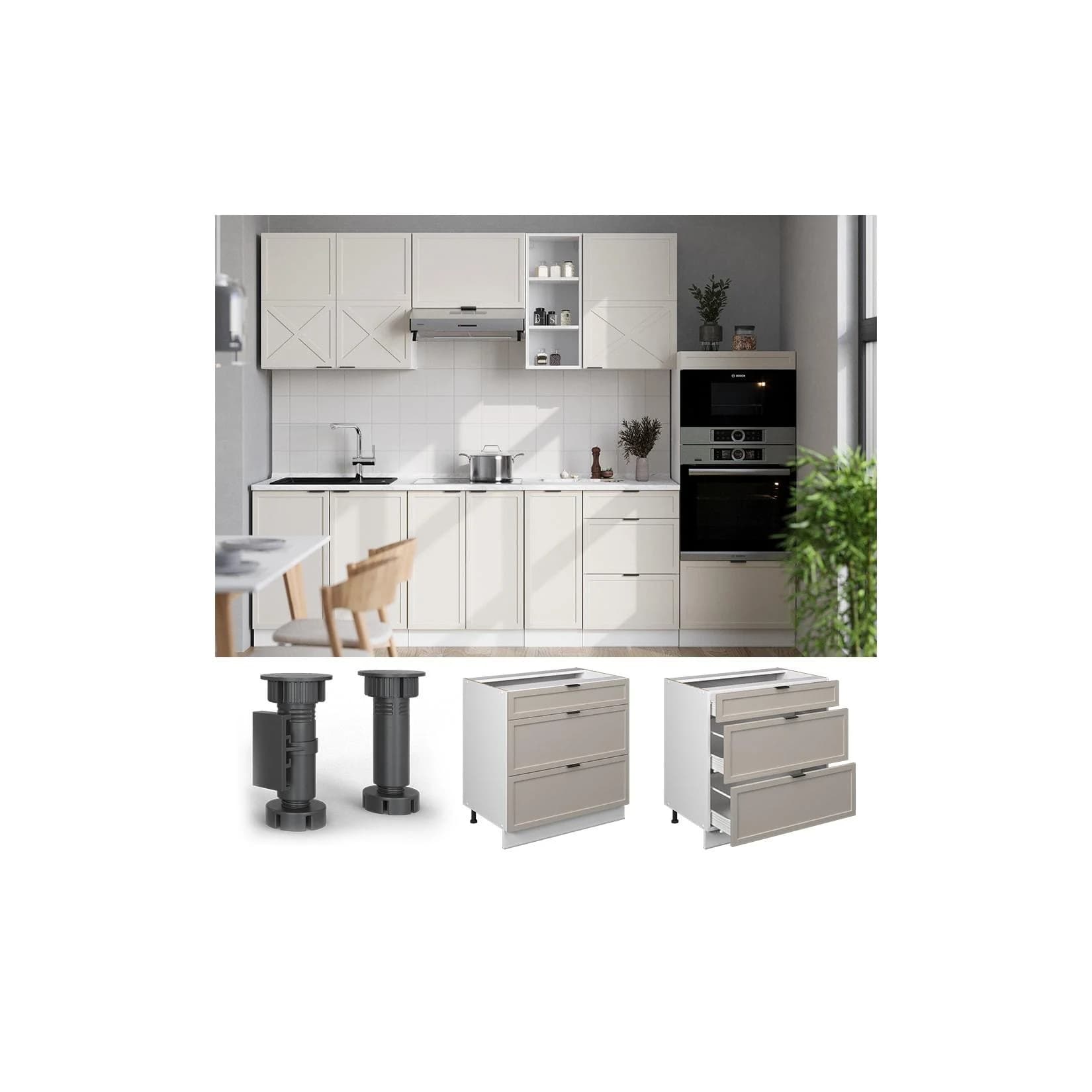 Vicco Schubladenunterschrank Fame-Line Weiß Grau-Beige mit Eiche-Arbeitsplatte