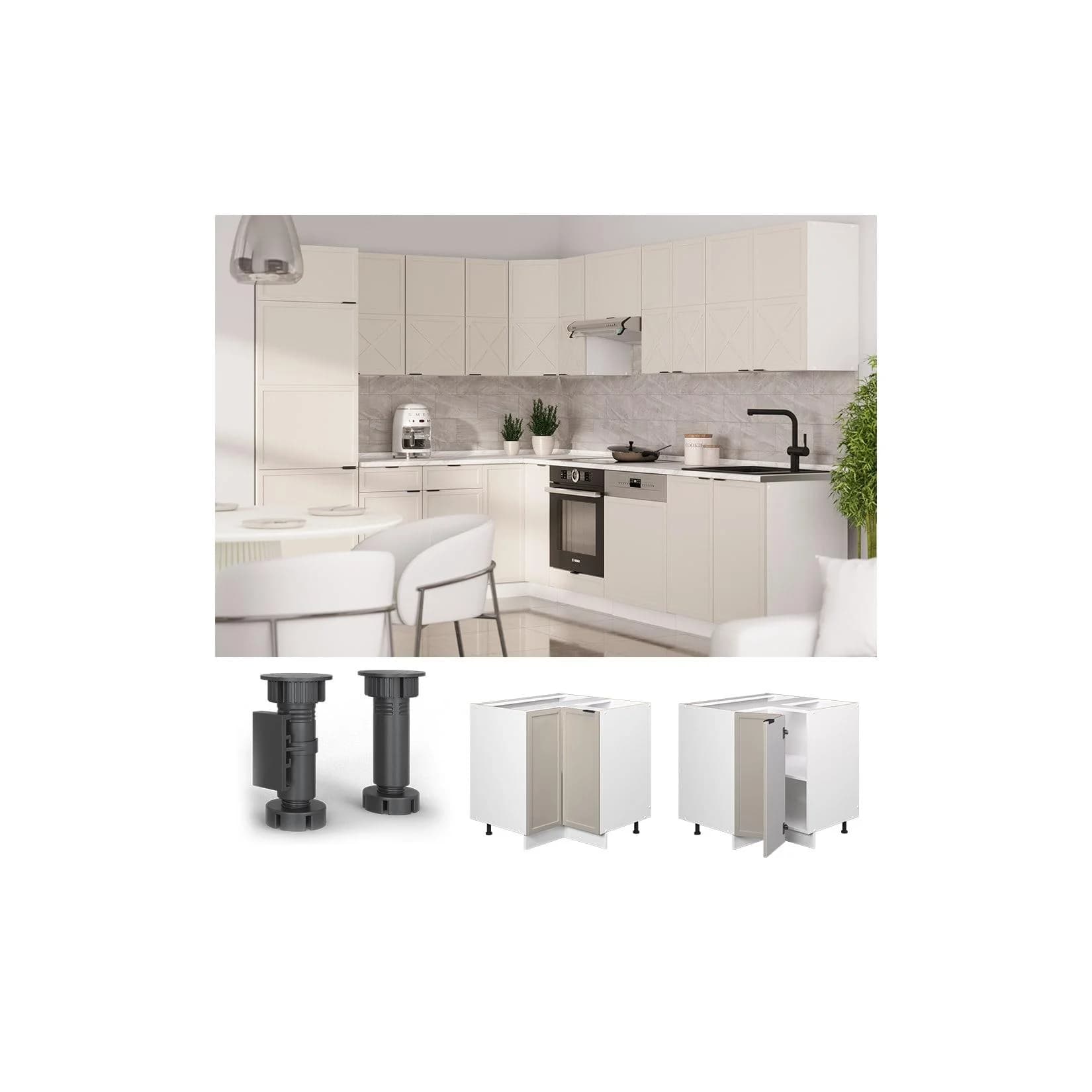 Vicco Eckunterschrank Fame-Line Weiß Grau-Beige mit Marmor-Arbeitsplatte