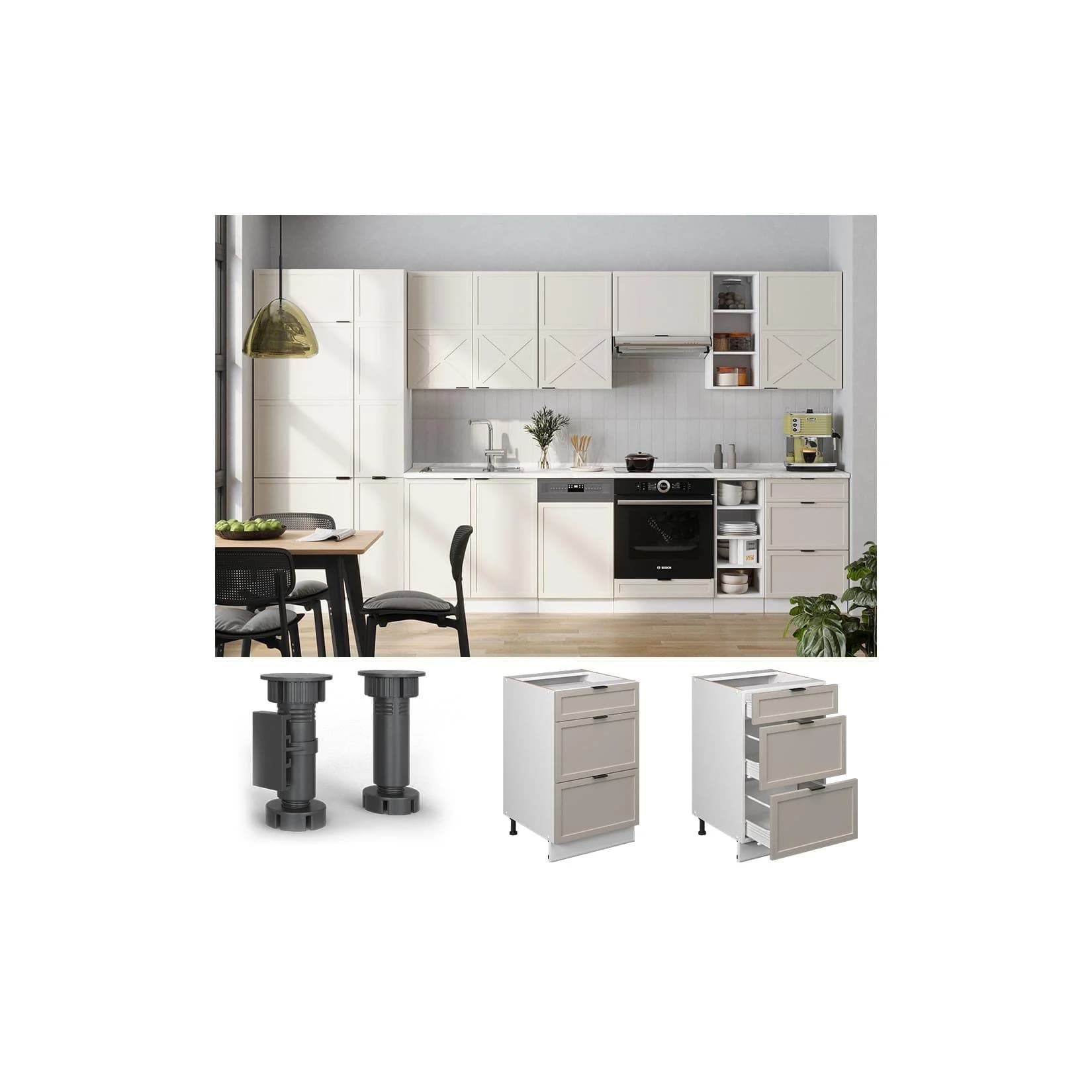 Vicco Schubladenunterschrank Fame-Line Weiß Grau-Beige mit Eiche-Arbeitsplatte