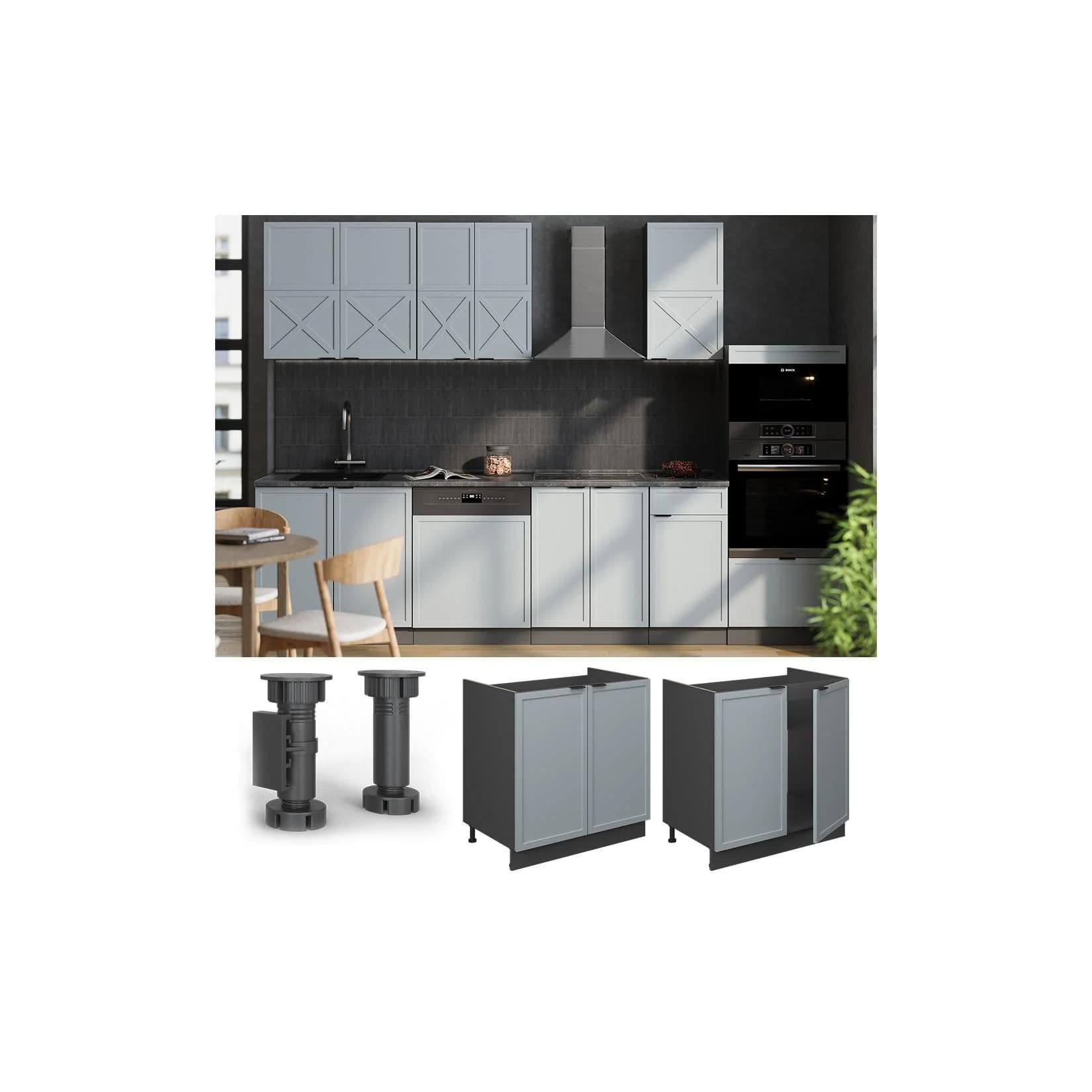 Vicco Spülenunterschrank Fame-Line Anthrazit Hellblau-Grau 80 cm Marmor-Arbeitsplatte