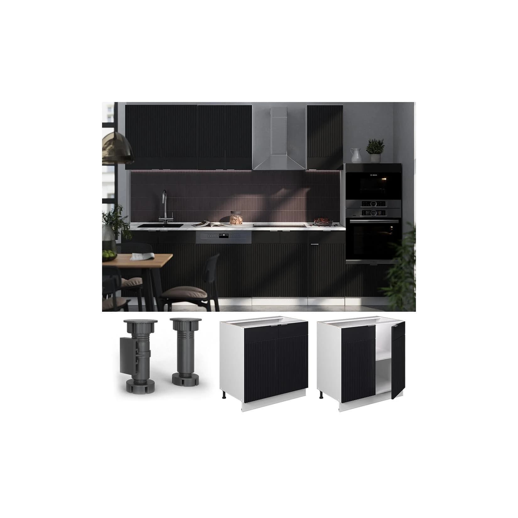 Vicco Unterschrank Fame-Line Weiß Schwarz gestreift 80 cm mit Eichen-Arbeitsplatte