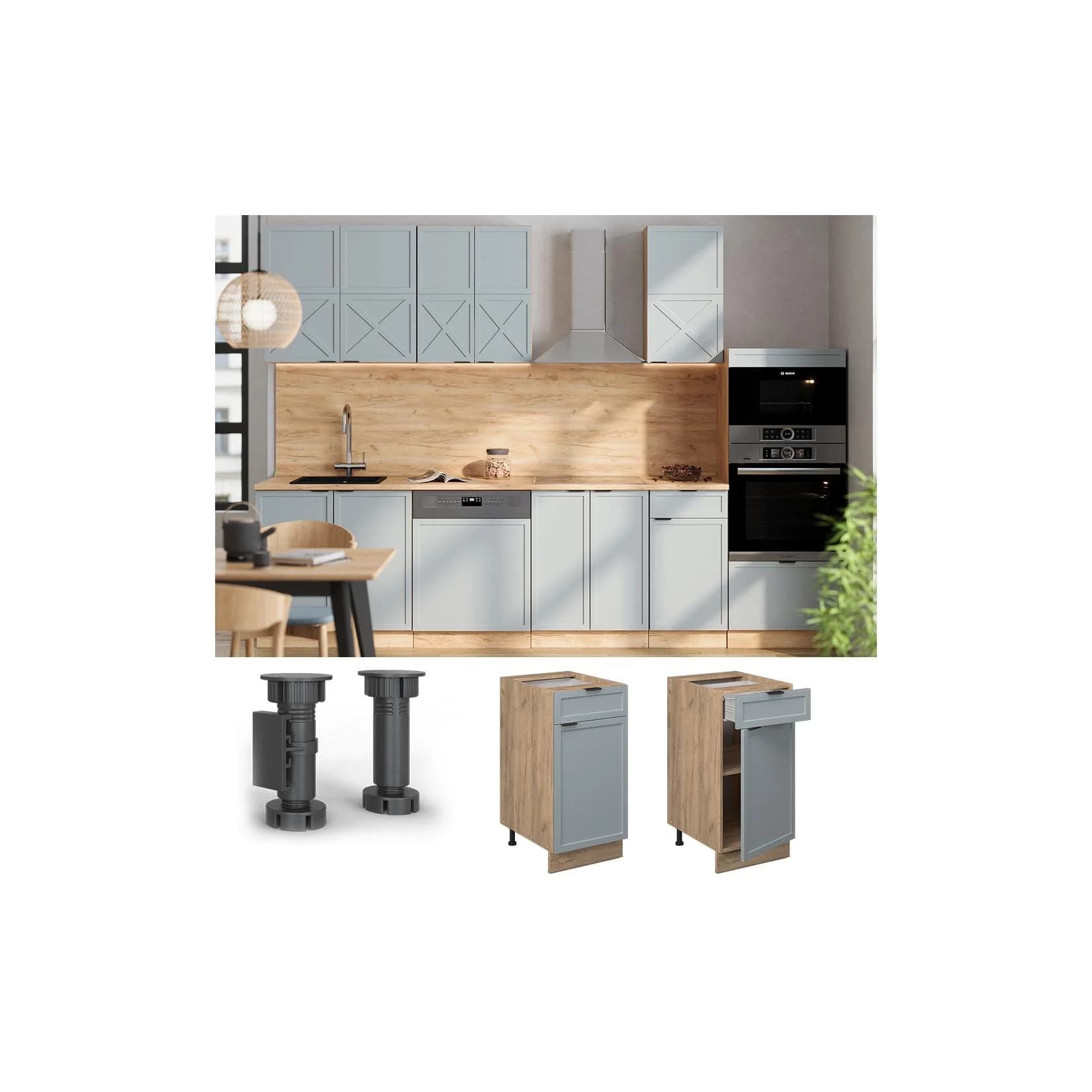 Vicco Schubunterschrank Fame-Line Eiche Hellblau-Grau mit Arbeitsplatte