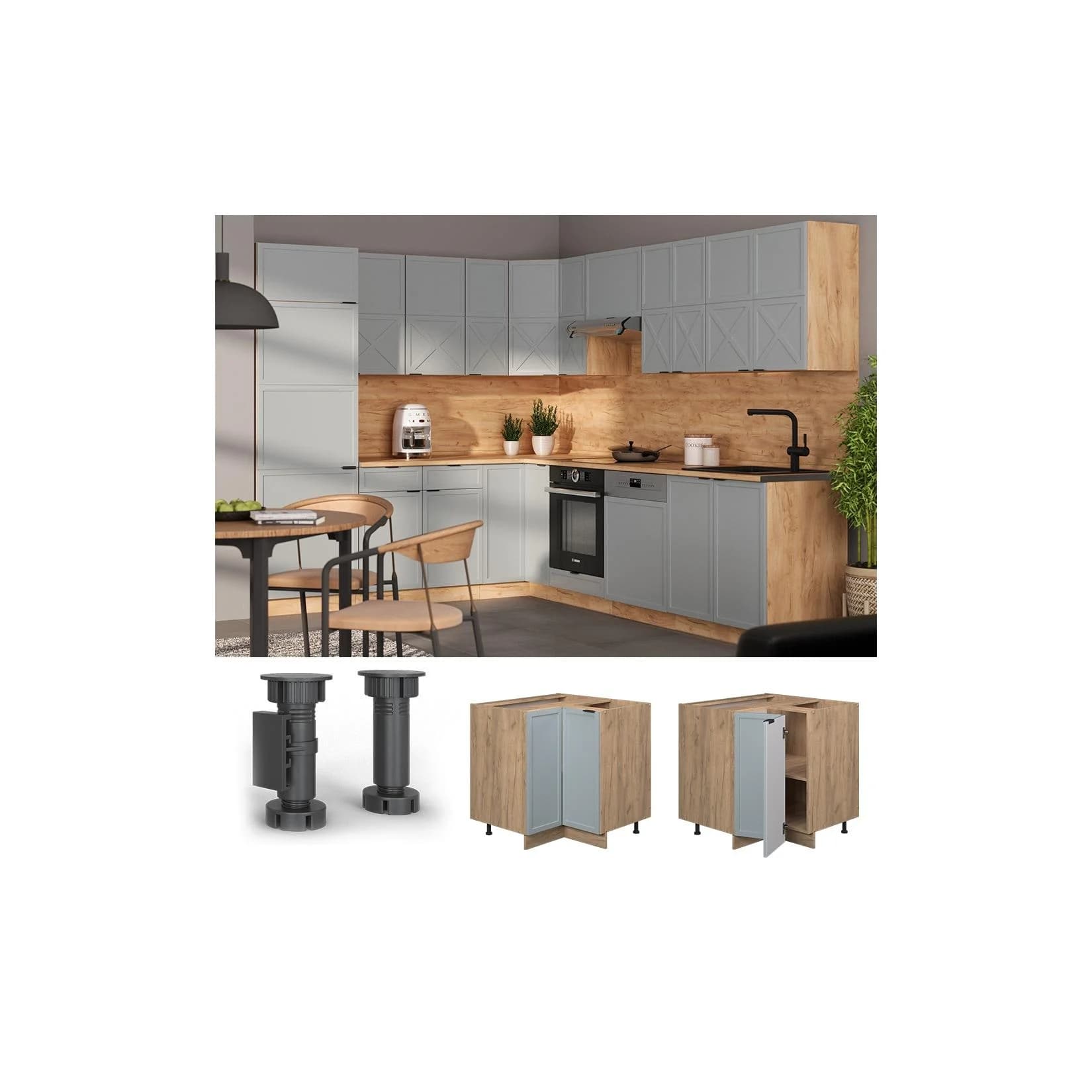 Vicco Eckunterschrank Fame-Line Eiche Hellblau-Grau gerahmt 87 cm