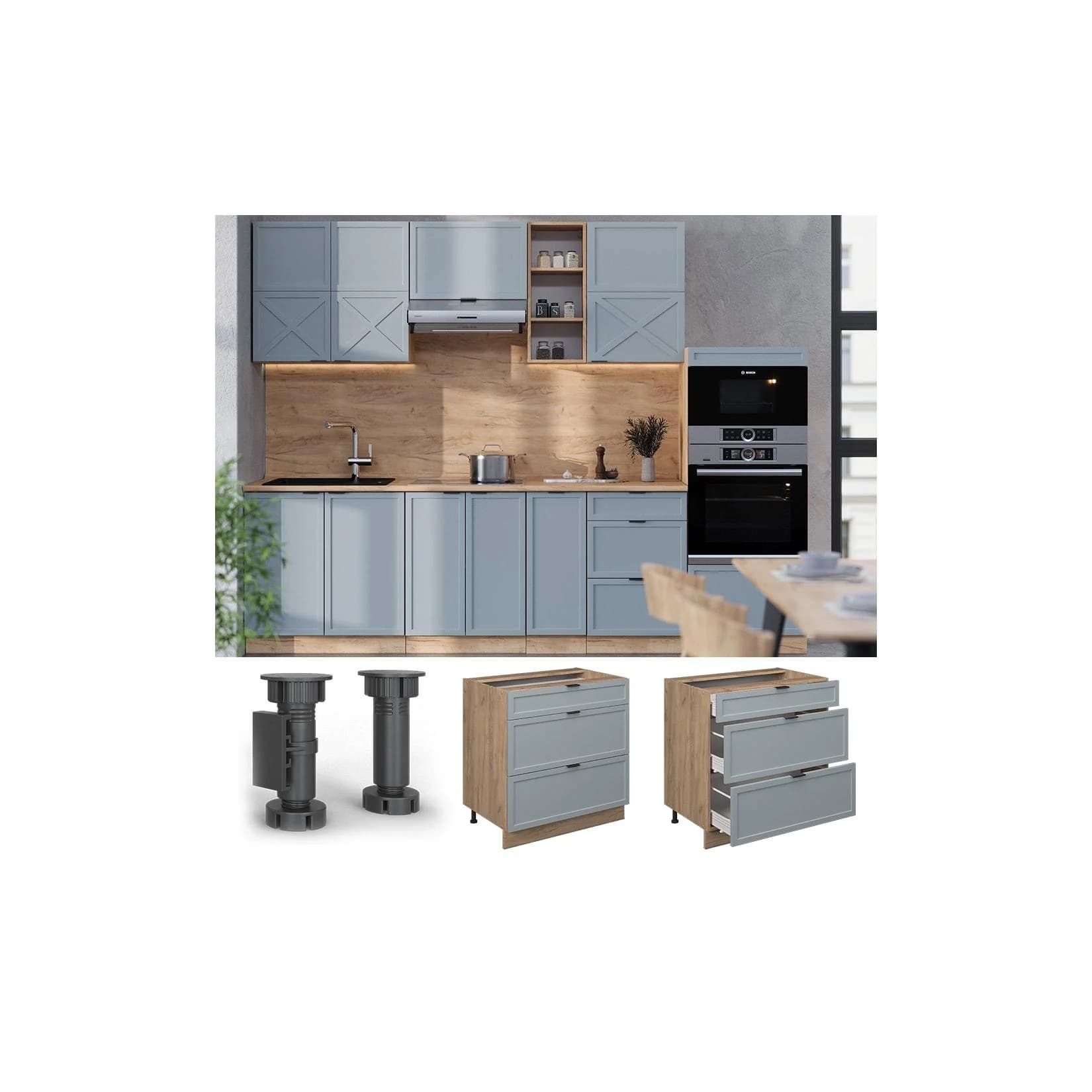 Vicco Schubladenunterschrank Fame-Line Eiche Hellblau-Grau gerahmt 80 cm mit Marmor-Arbeitsplatte