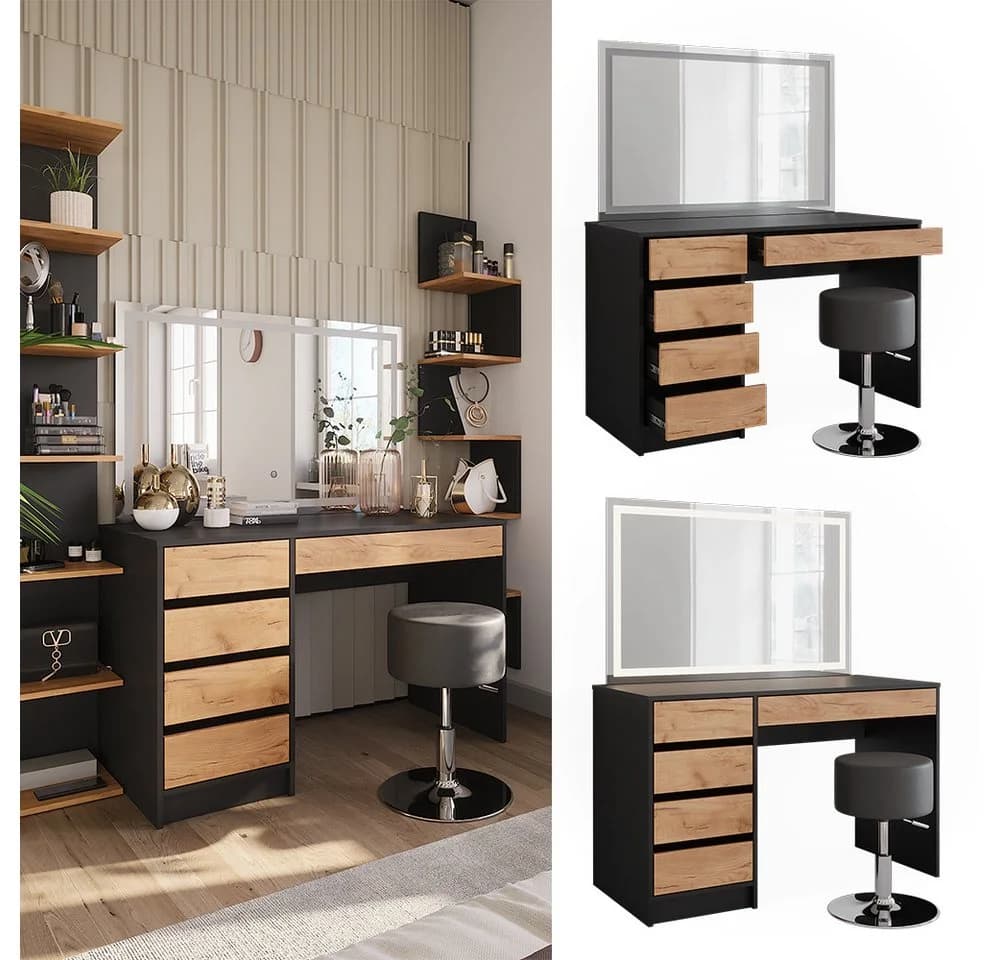 Vicco Schminktisch Sherry Anthrazit/Goldkraft Eiche mit LED-Spiegel