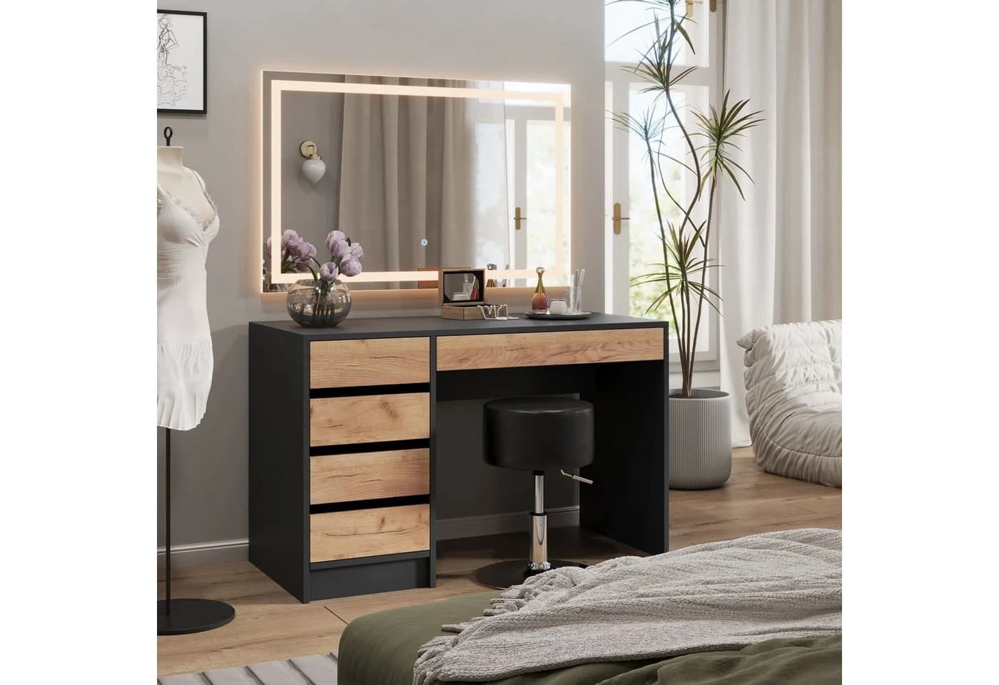 Vicco Schminktisch Sherry Anthrazit/Goldkraft Eiche mit LED-Spiegel - Bild 2