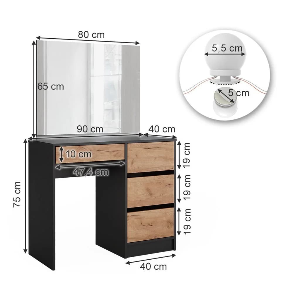 Vicco Schminktisch Sherry mit LED-Spiegel & Stauraum Anthrazit/Goldkraft Eiche - Bild 3