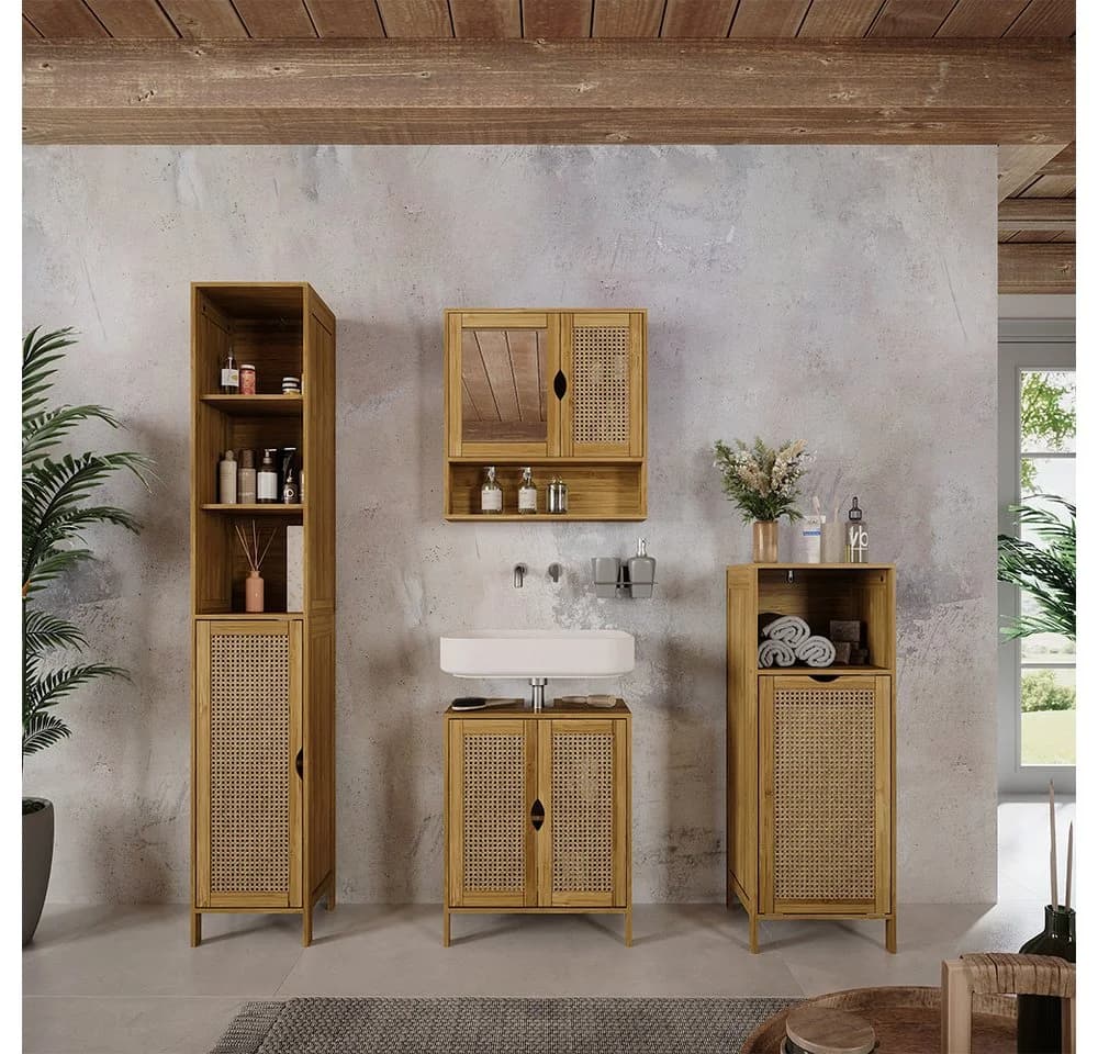 Vicco Badmöbel-Set Liora 4-teilig Bambus Glas Rattan - Bild 3