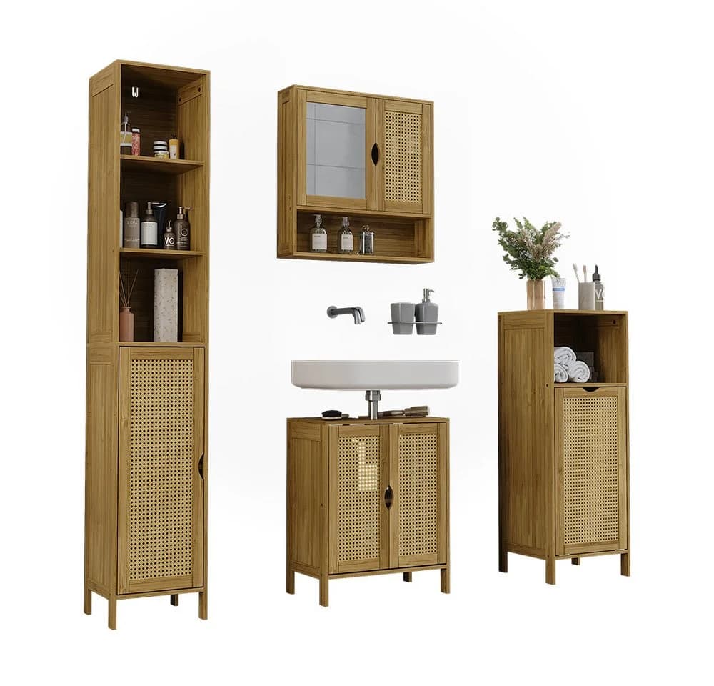 Vicco Badmöbel-Set Liora 4-teilig Bambus Glas Rattan - Bild 5