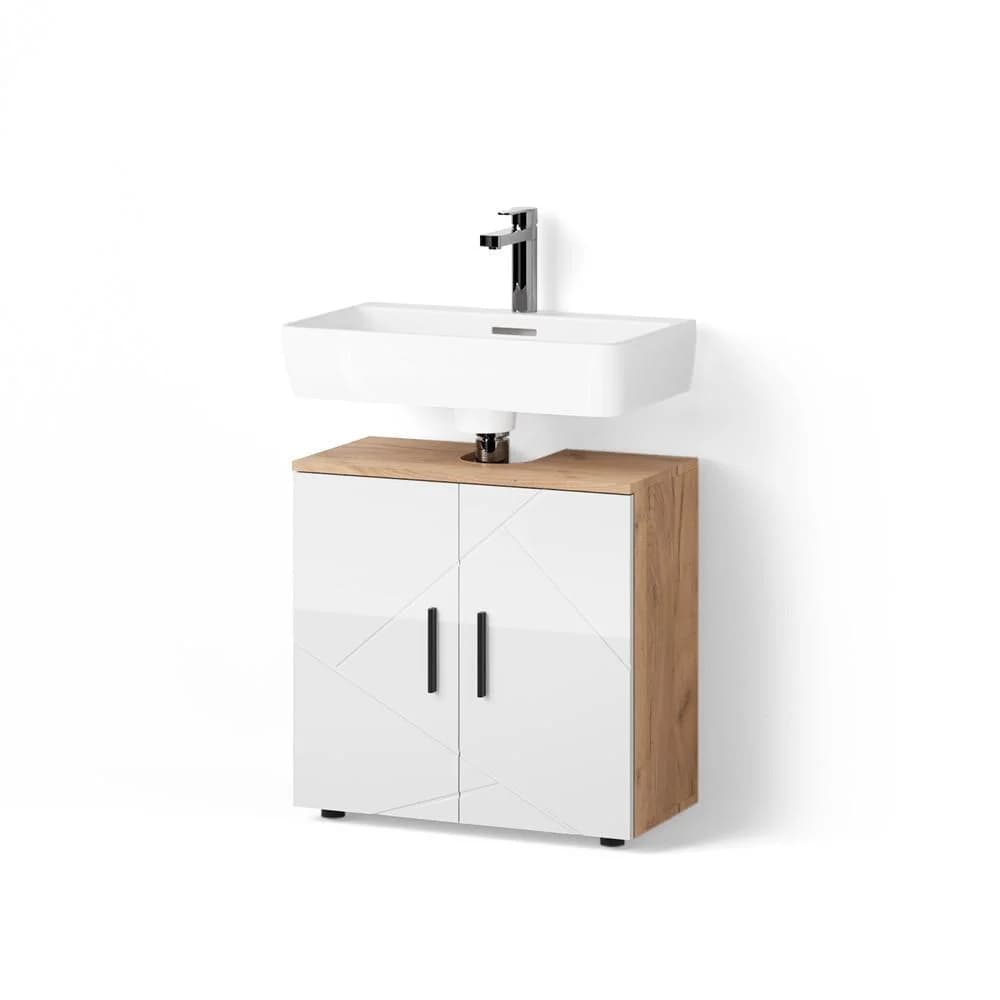 Ronco Waschbeckenunterschrank Weiß Hochglanz Gold Eiche 60 cm