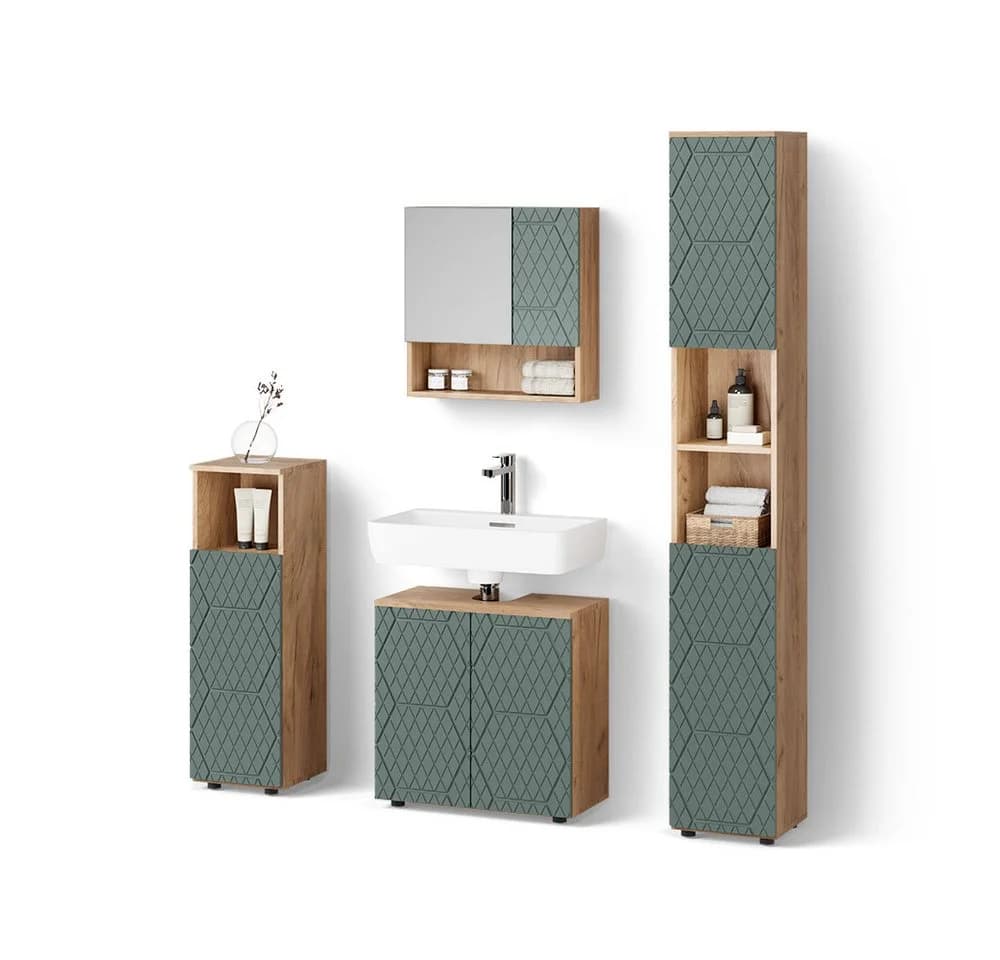 BADMÖBEL-SET Ronco Grün/Goldkraft Eiche 4 Teile mit Hochschrank - Bild 2