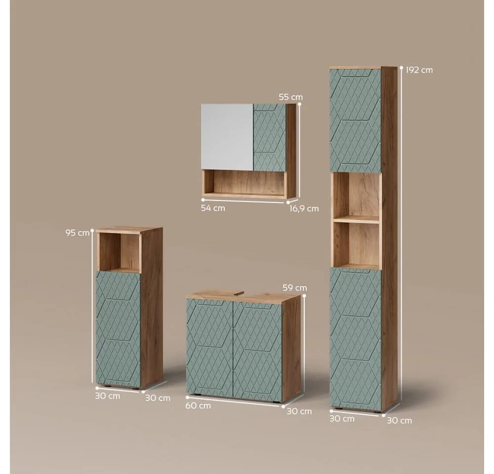 BADMÖBEL-SET Ronco Grün/Goldkraft Eiche 4 Teile mit Hochschrank - Bild 3