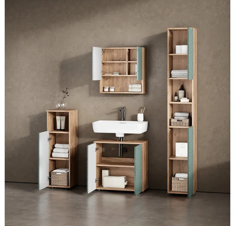 BADMÖBEL-SET Ronco Grün/Goldkraft Eiche 4 Teile mit Hochschrank - Bild 5