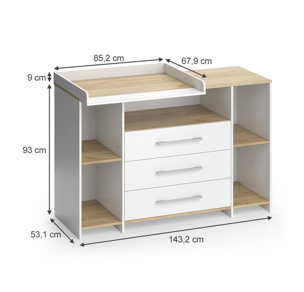 Vicco Wickelkommode Oskar Weiß/Goldkraft Eiche mit 3 Schubladen
