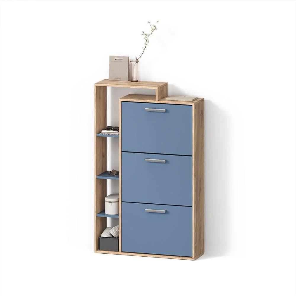 SCHUHKIPPER Ortello 3-Fach Schuhschrank Eiche/Blau