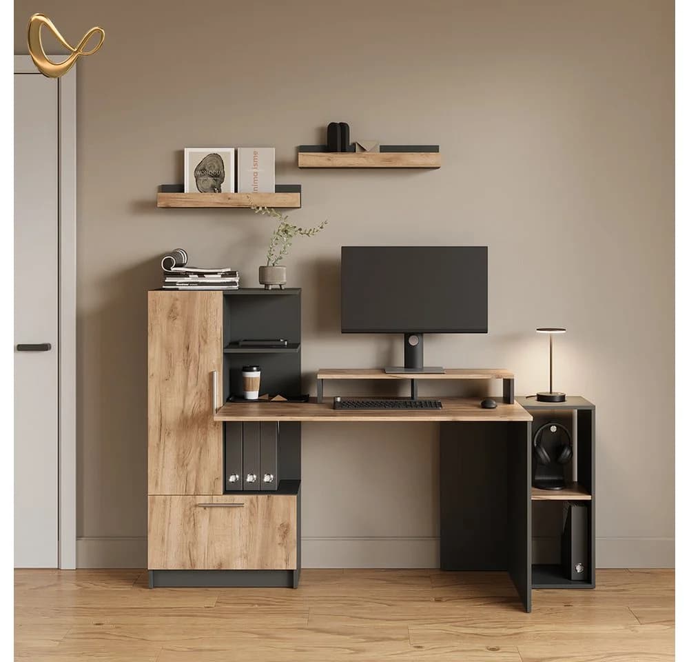 Livinity® Schreibtisch Lorena Anthrazit/Goldkraft Eiche