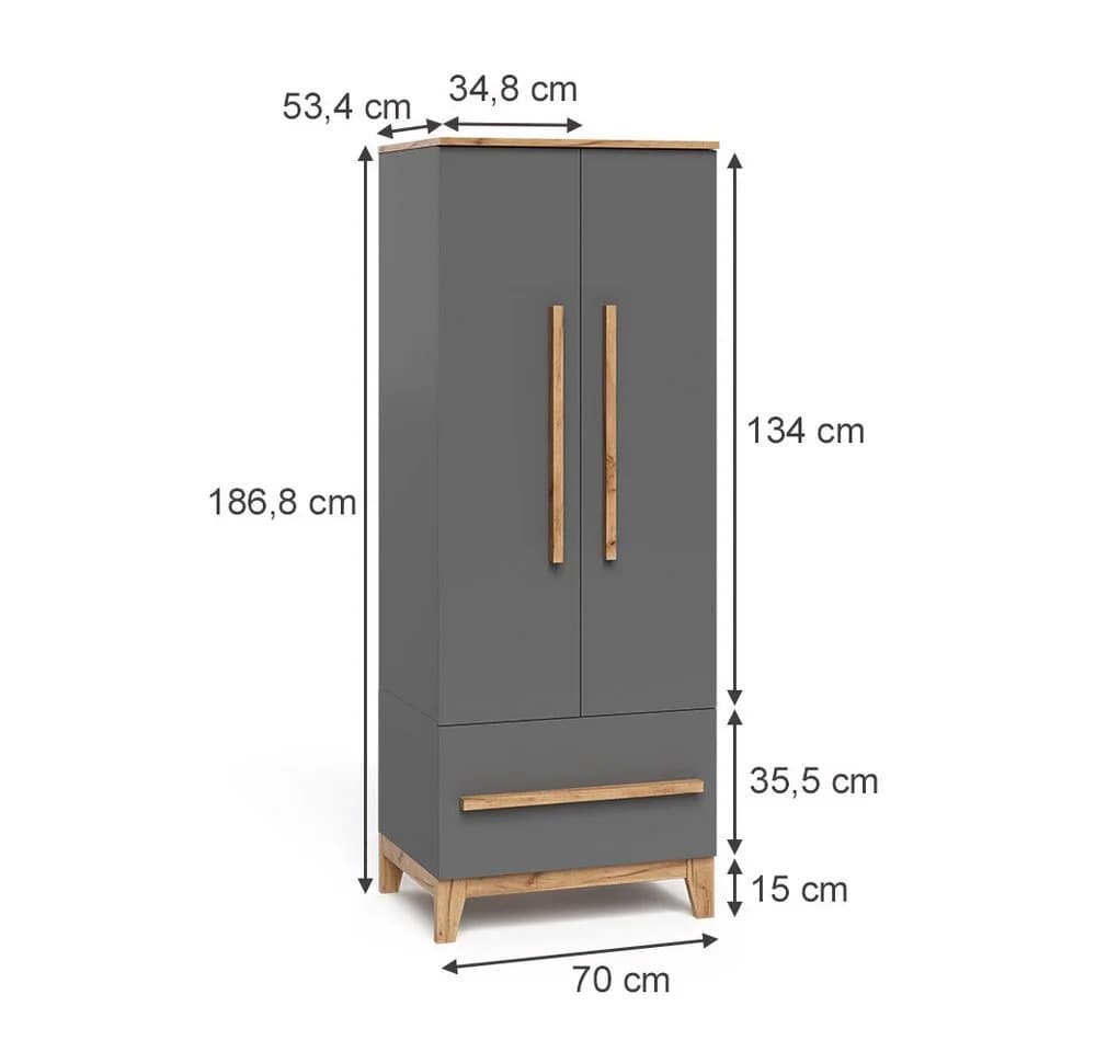 VitaliSpa® Kleiderschrank Malia Grau/Artisan Kinderkleiderschrank