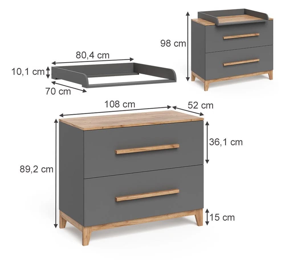 VitaliSpa® Wickelkommode Malia Grau mit 2 Schubladen