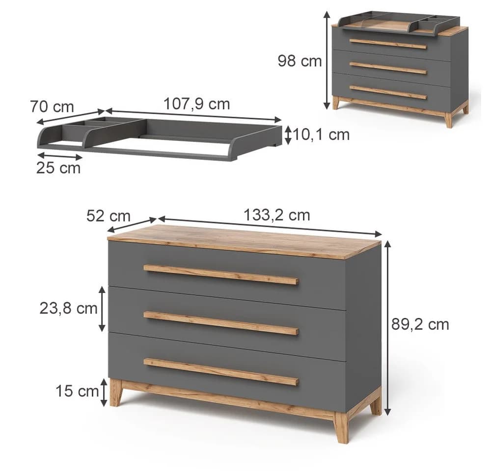 VitaliSpa® Wickelkommode Malia Grau 3 Schubladen