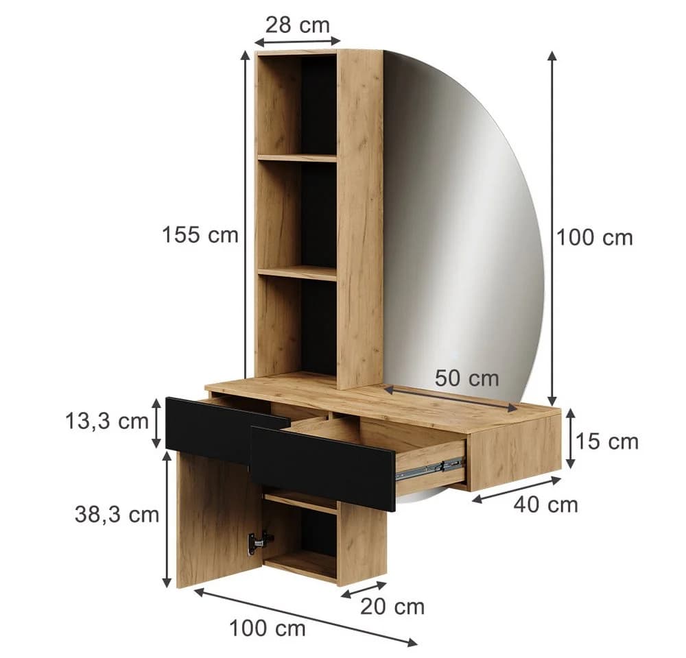 Vicco Schminktisch Melora Eiche/Schwarz 100 cm mit LED-Spiegel - Bild 3