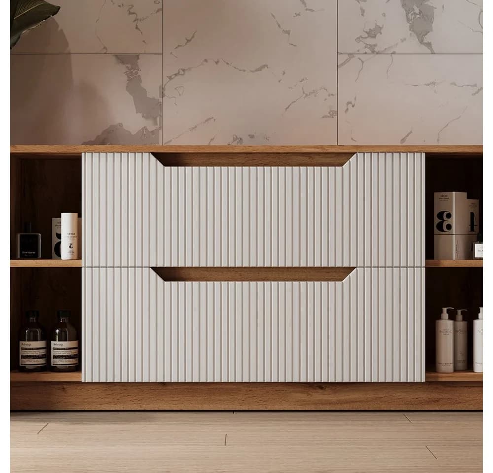 Vicco Waschbeckenunterschrank Lotta Eiche/Weiß gestreift 2 Schubladen - Bild 3