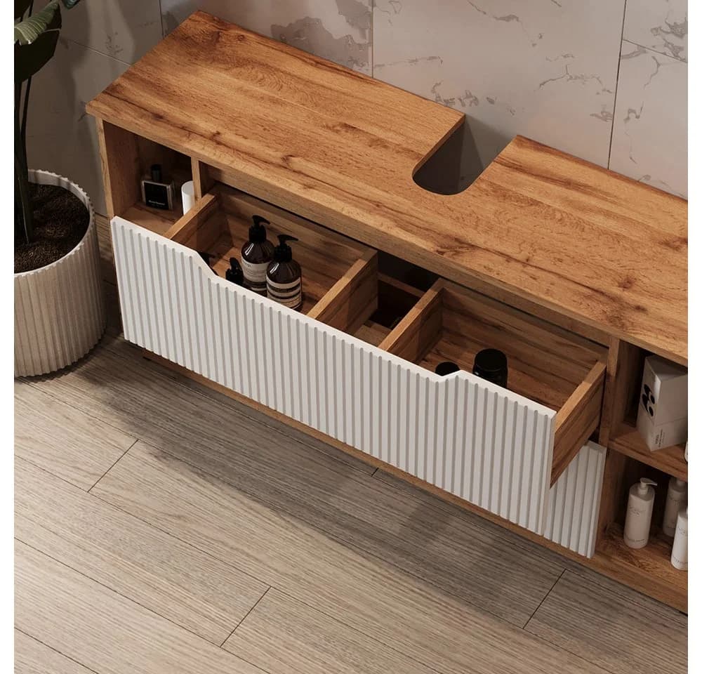 Vicco Waschbeckenunterschrank Lotta Eiche/Weiß gestreift 2 Schubladen - Bild 4