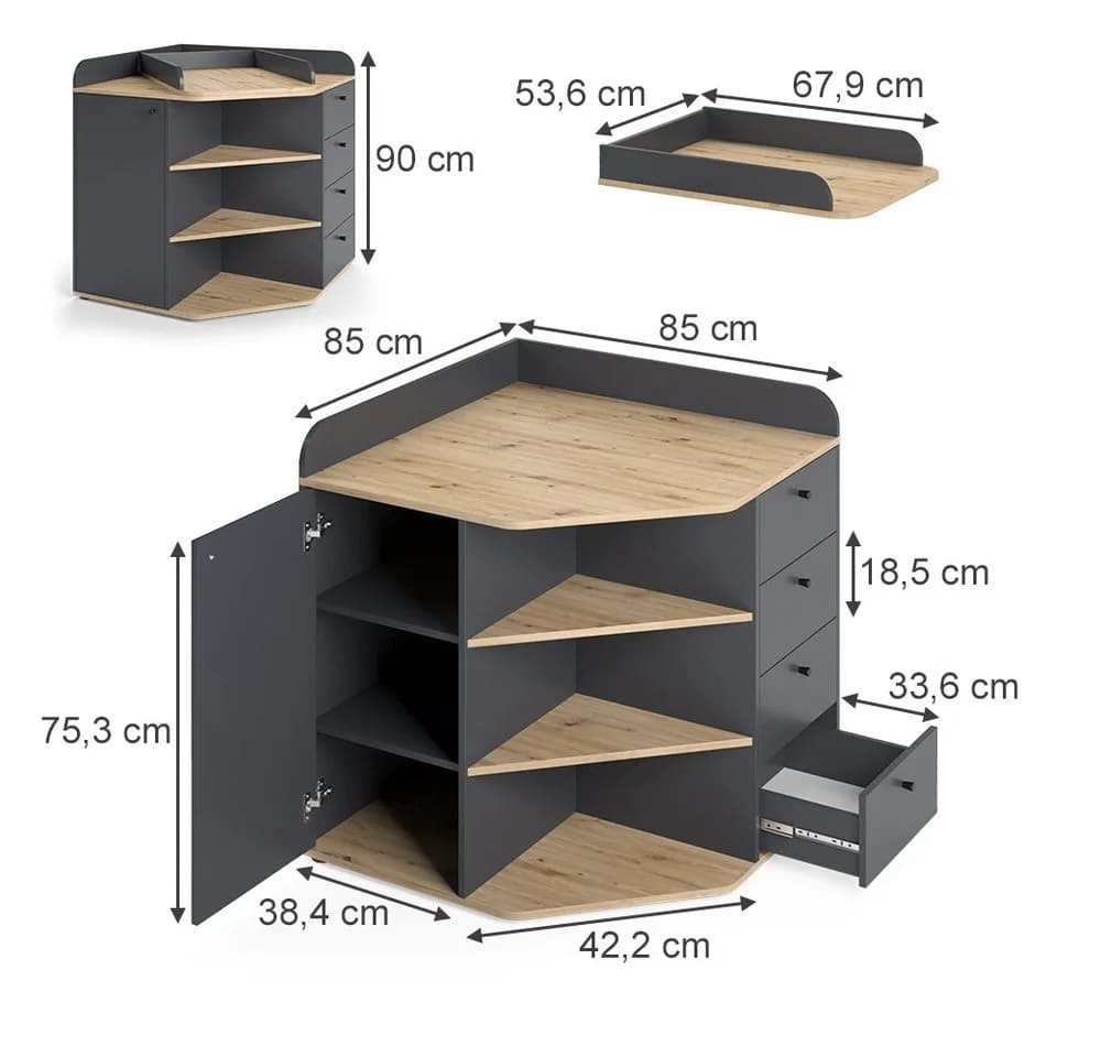 Vicco Wickelkommode Aria Anthrazit Artisan-Eiche mit Wickelaufsatz