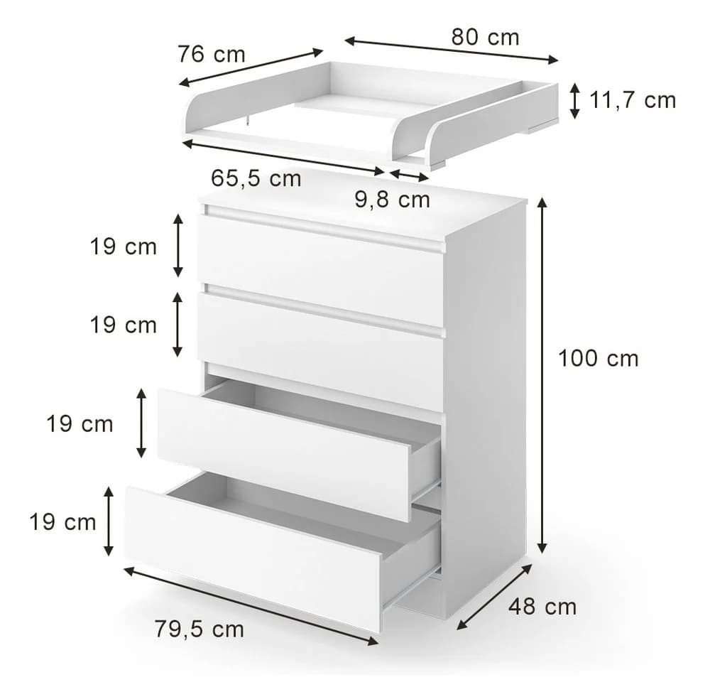 VitaliSpa® Wickelkommode Emmi Weiß mit 4 Schubladen