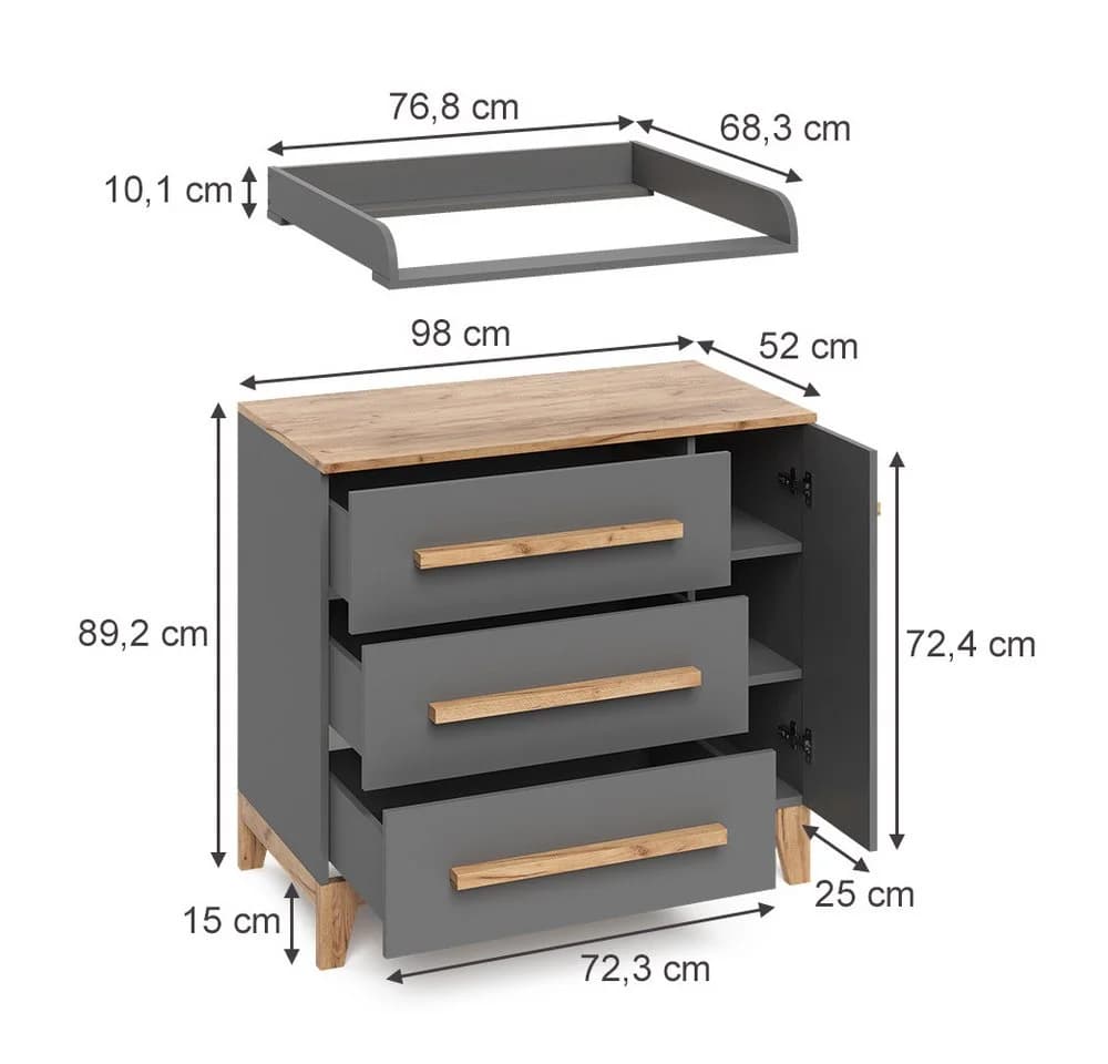VitaliSpa® Wickelkommode Malia Grau mit Schubladen