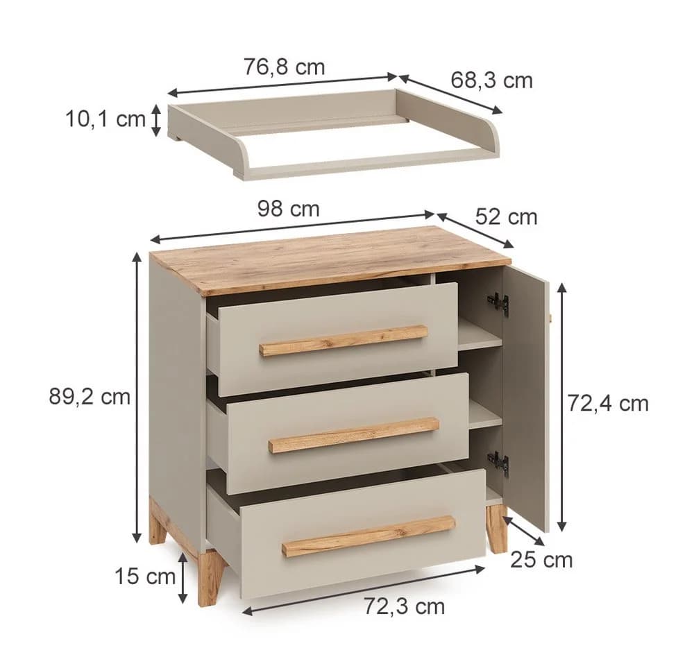 VitaliSpa® Wickelkommode Malia Beige/Grau mit Schubladen