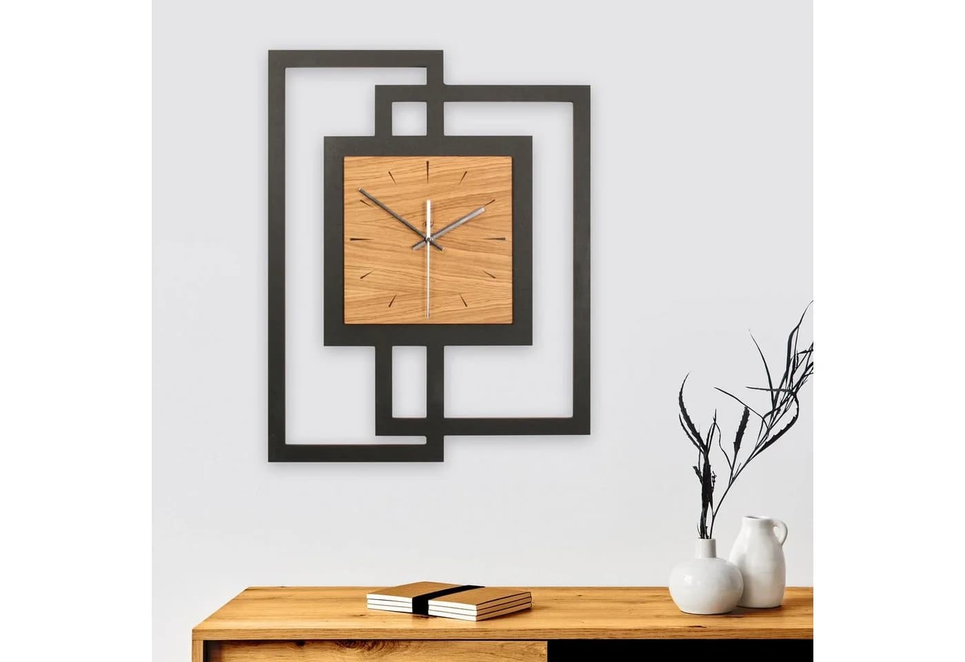 Kreative Feder Wanduhr Moderne Designer-Wanduhr aus Holz Eiche Schwarz-Silber - Bild 5