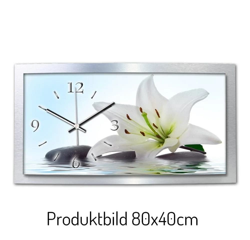Kreative Feder Funkwanduhr „Weiße Lilie“ 3D Designer Wanduhr aus Alu, leise