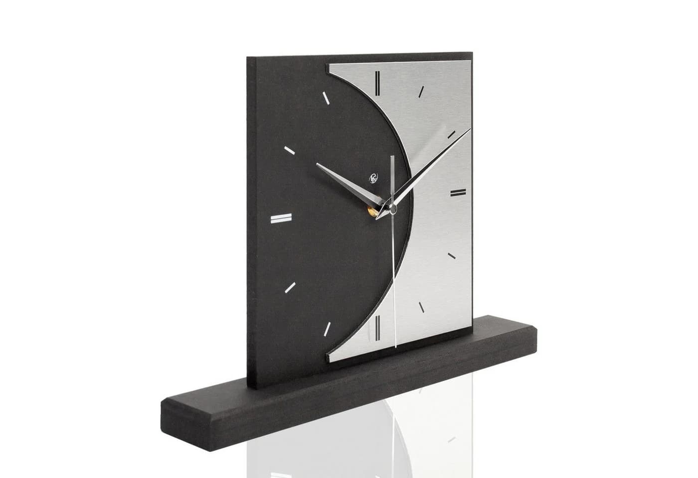 Kreative Feder Standuhr „Moon“ Schwarz mit Aluminium-Zeigern
